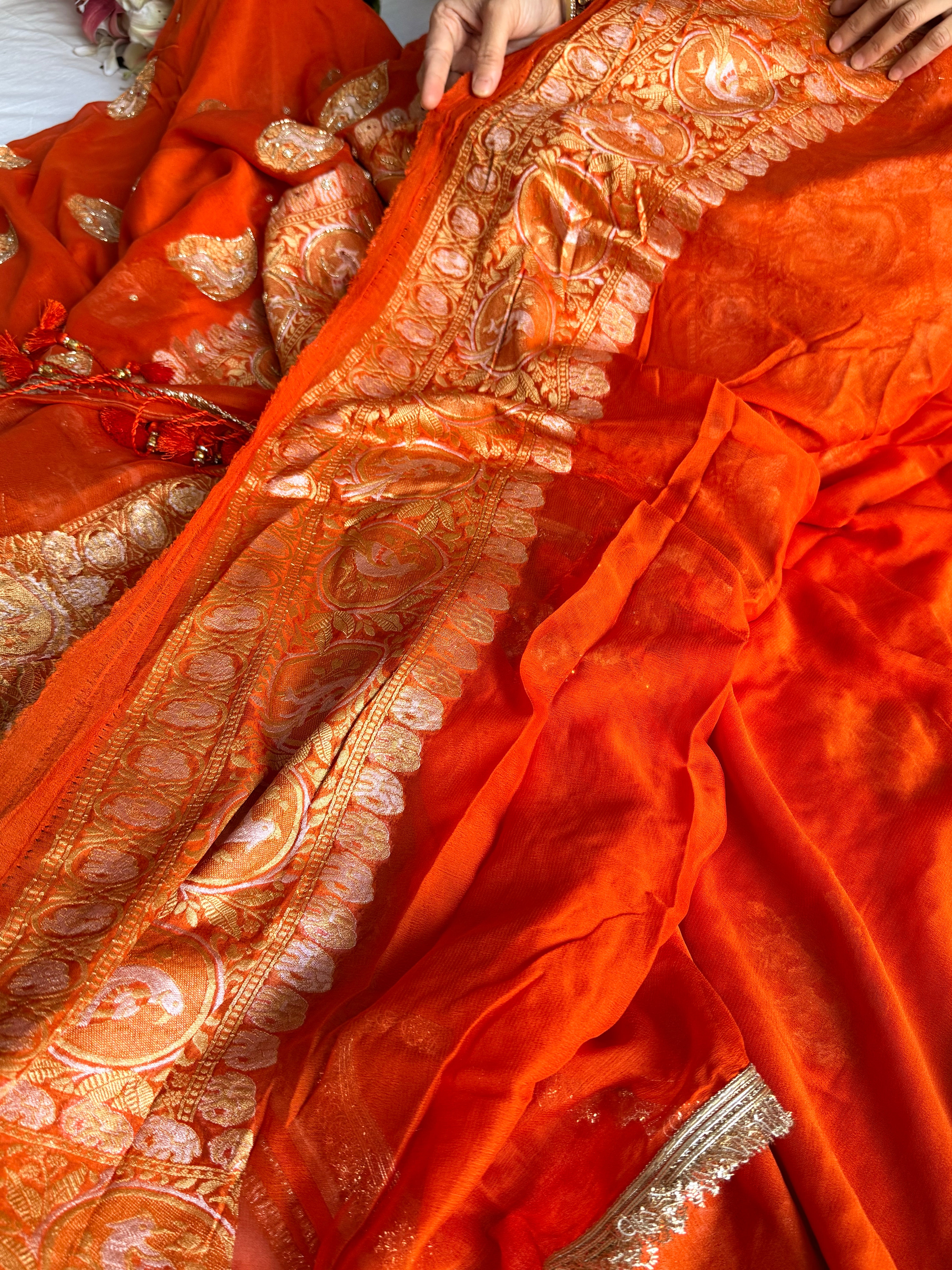 Banarasi chiffon gorgette kadhwa weaving hand embroidered saree