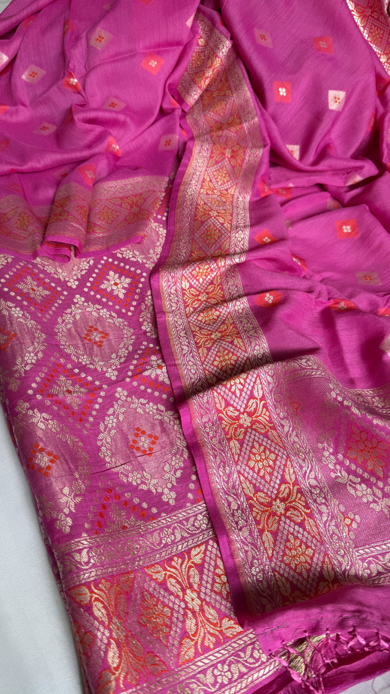 Strawberry pink moonga silk bandhej weaving kadhwa suit set