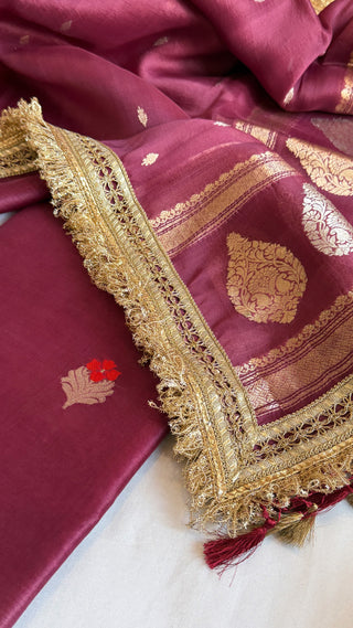 Plum shade kora silk kadhwa buti gotapatti suit set
