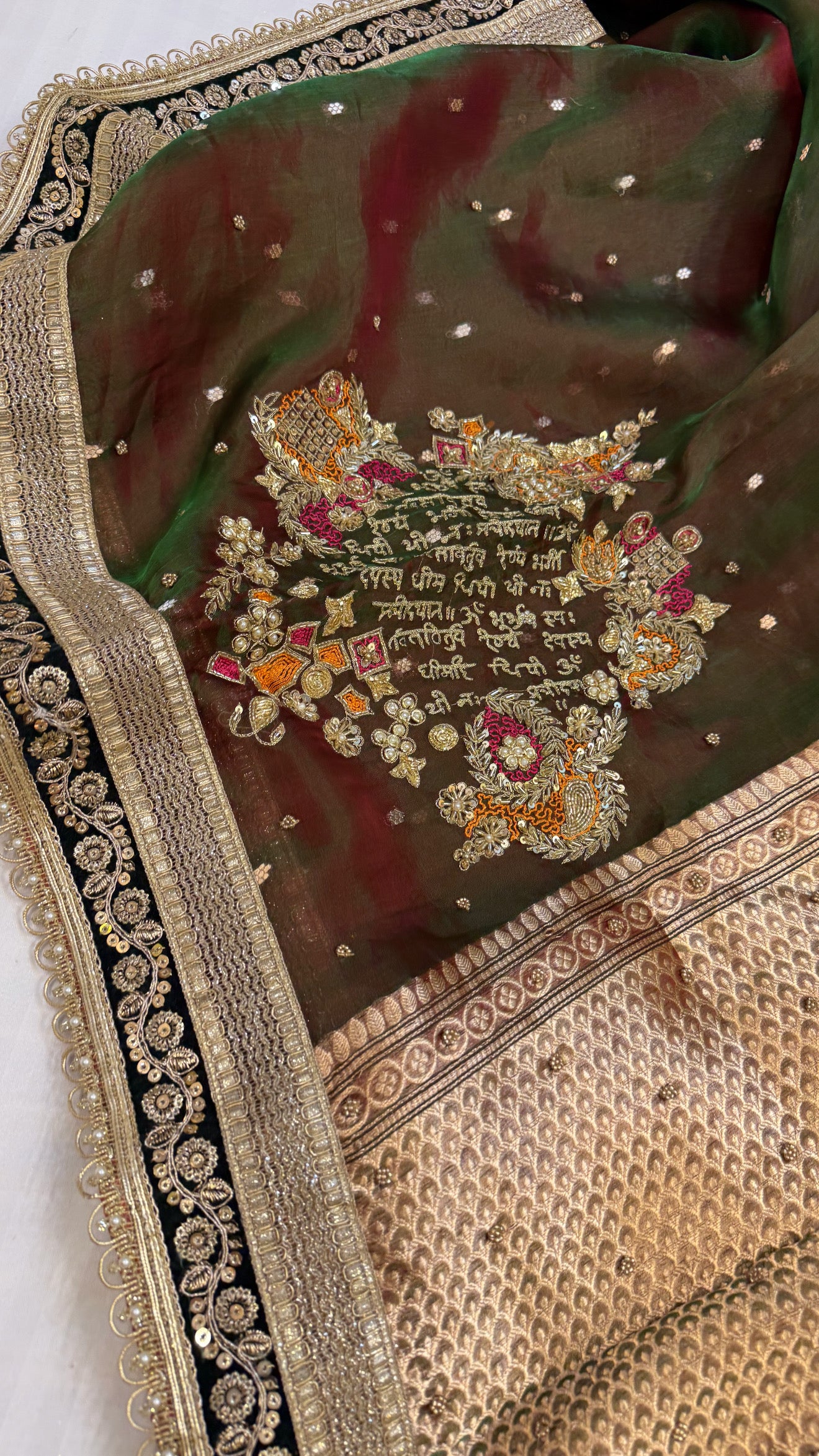 Cocktail wali saree - Mehendi green tissue silk dhup chao effect saree