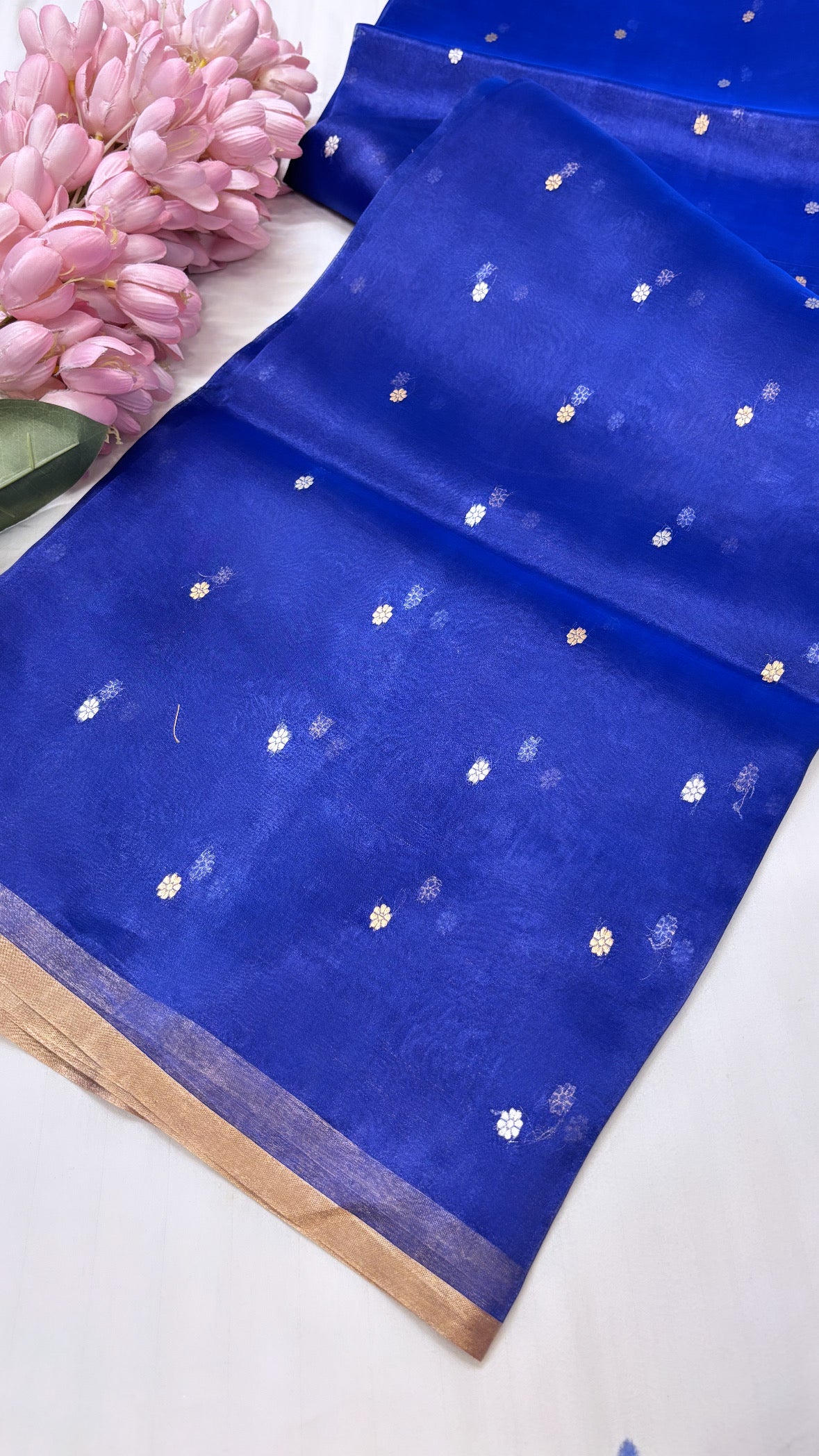 Pure banarasi electric blue tissue silk handwoven kadhwa buti saree with kadhwa intricate border buti weaving