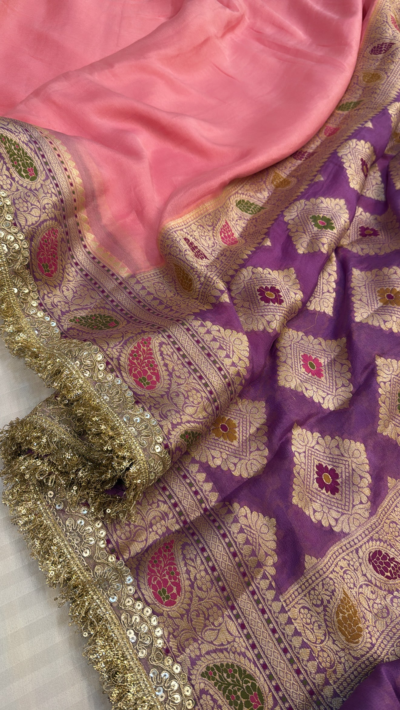 Banarasi chiffon gorgette chap dye contrast border kadhwa weaving saree