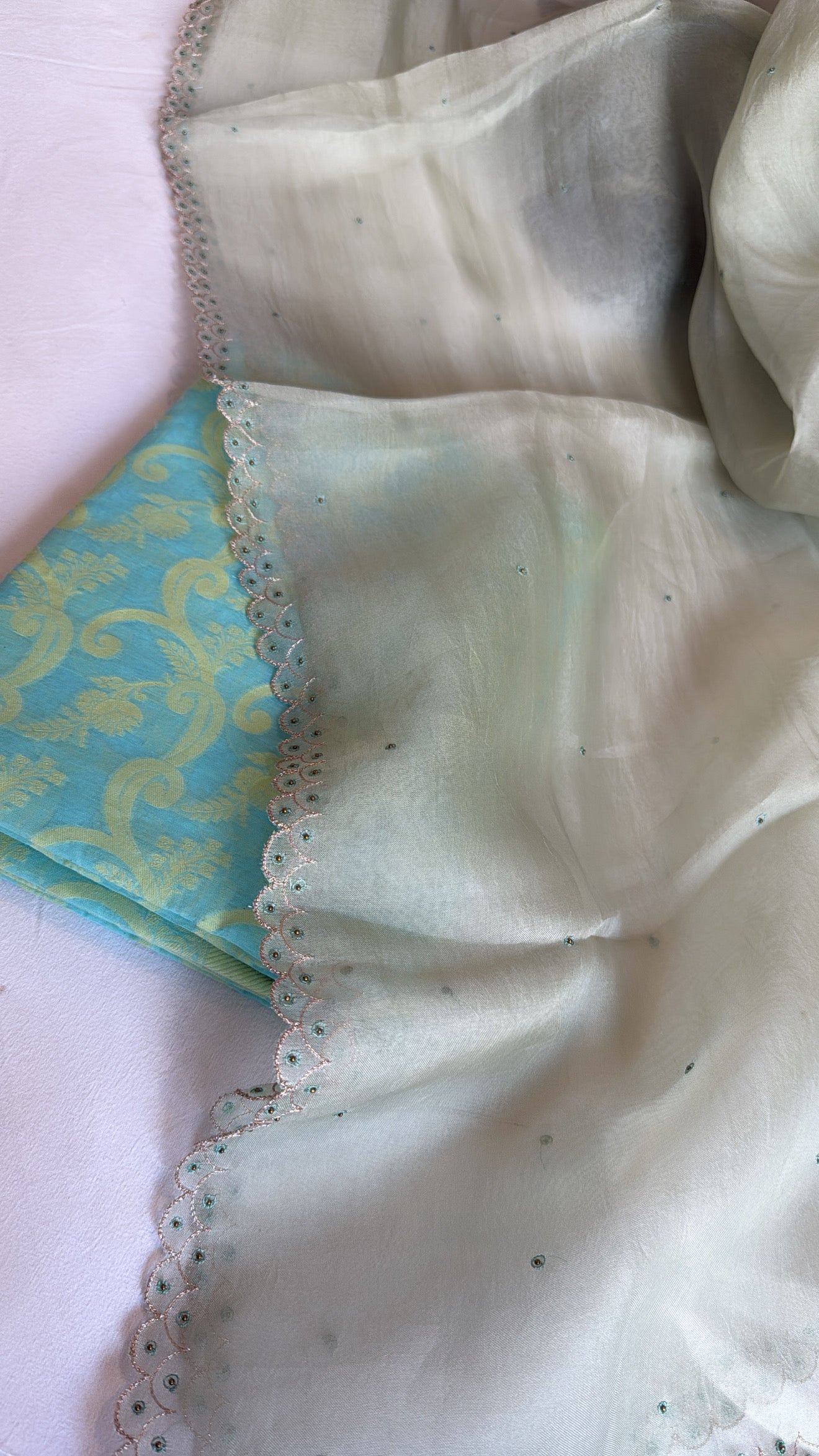 Cotton handloom kadhwa resham work kurta paired with kora silk scalloped hand embroidered duppata set