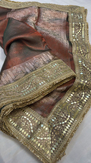 Maharani dusty rose red dhup chao effect tissue silk saree