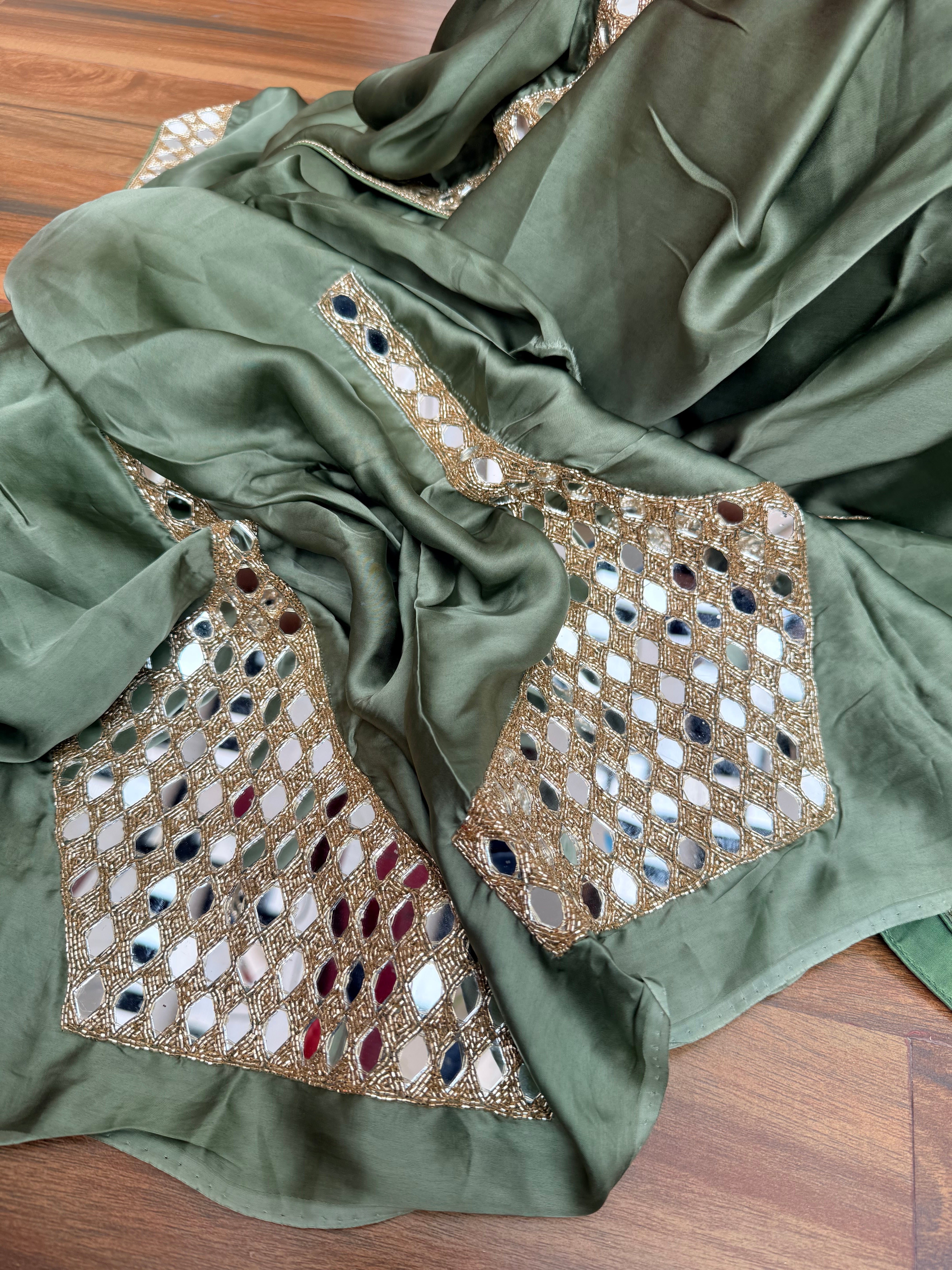 Tyohaar edit - Olive green mashru satin silk mirrorwork kadhwa saree