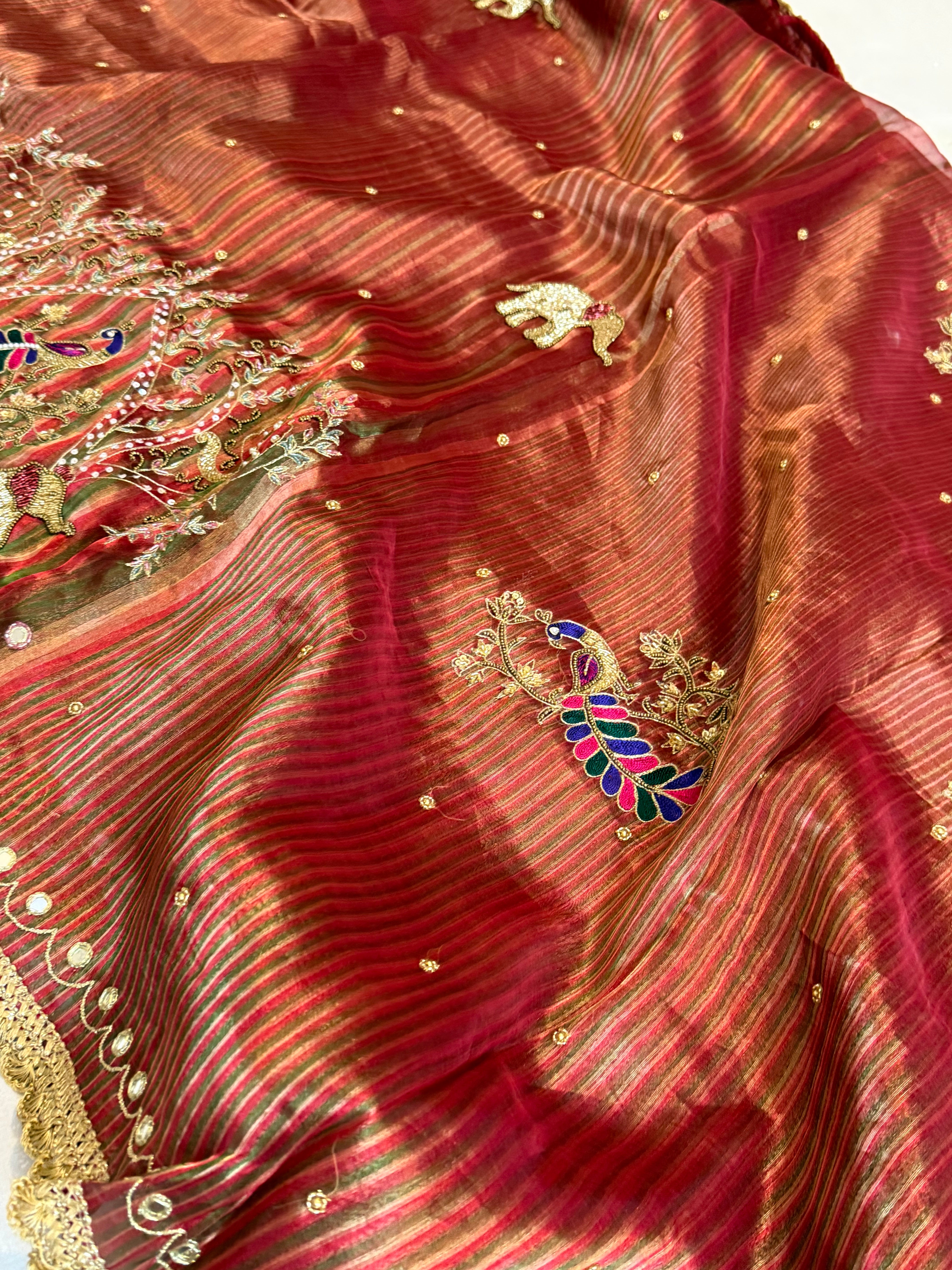 Hathi ghoda palki wali saree - Husn tissue silk hand embroidered saree