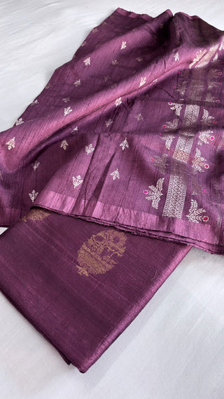 Dark plum raw silk banarasi suit set