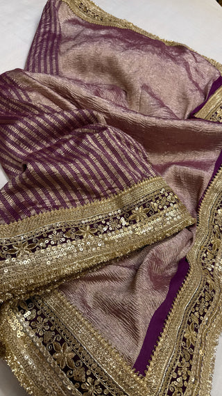 Moonga crushed tissue silk brinjal purple saree