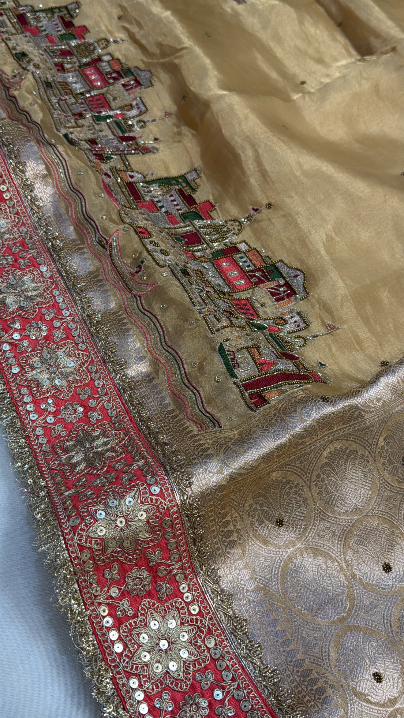 Soft golden banarasi ghat hand embroidered tissue silk kadhwa saree