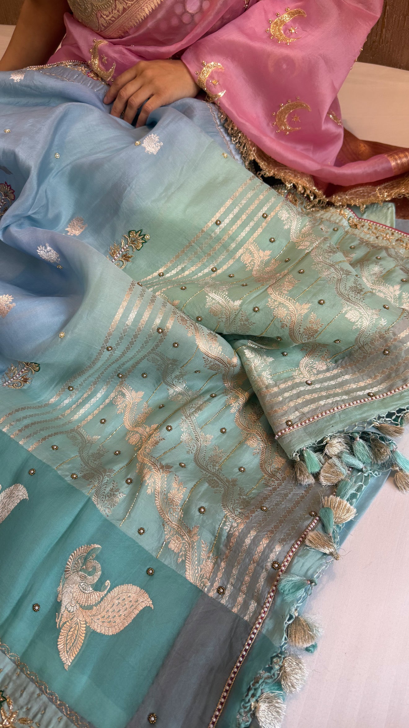 Sufi night edit - Banarasi kora silk bird motif hand embroidered kadhwa shaded saree