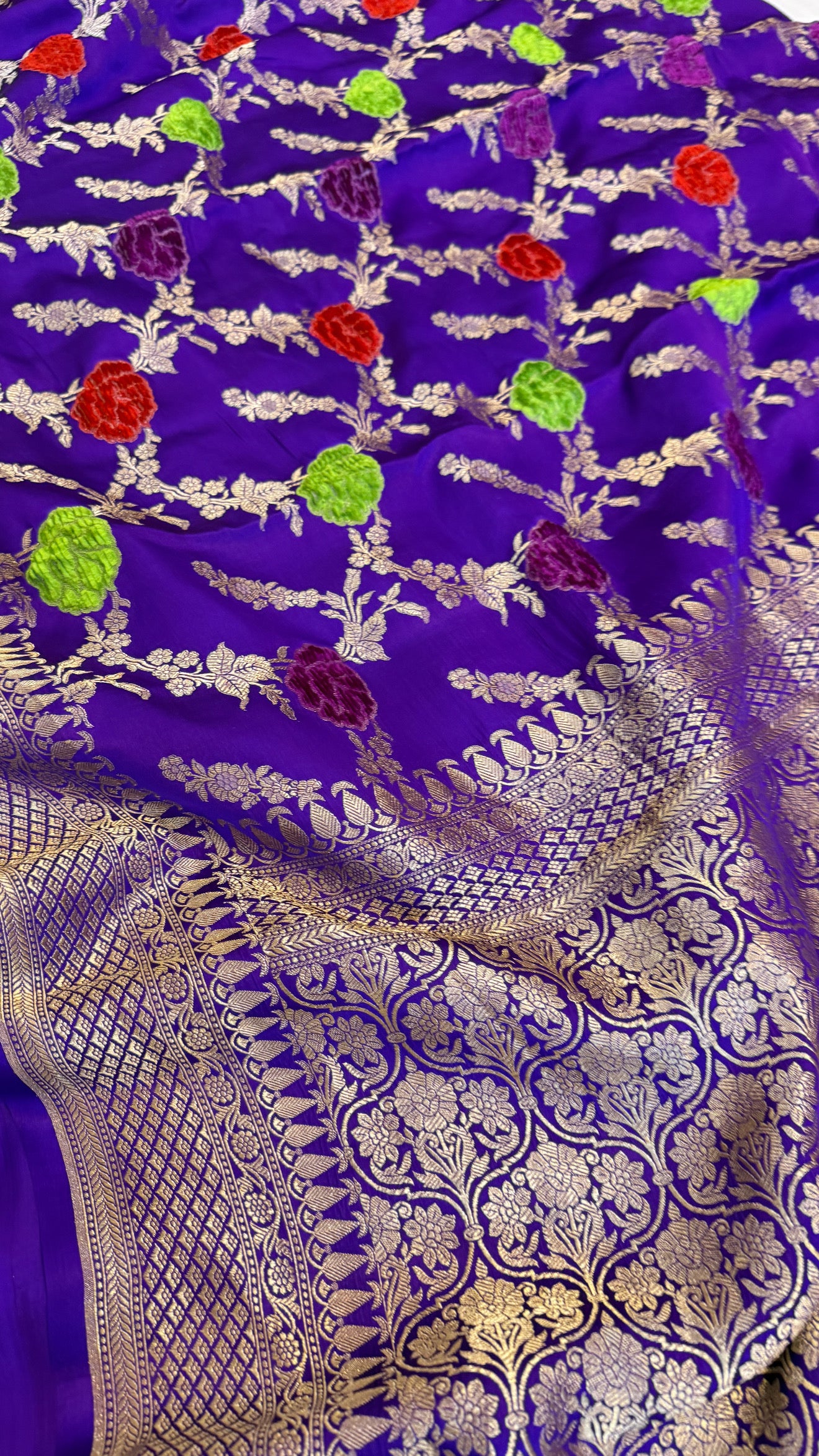 Deep purple banarasi mashru silk velvet buti kadhwa weaving saree