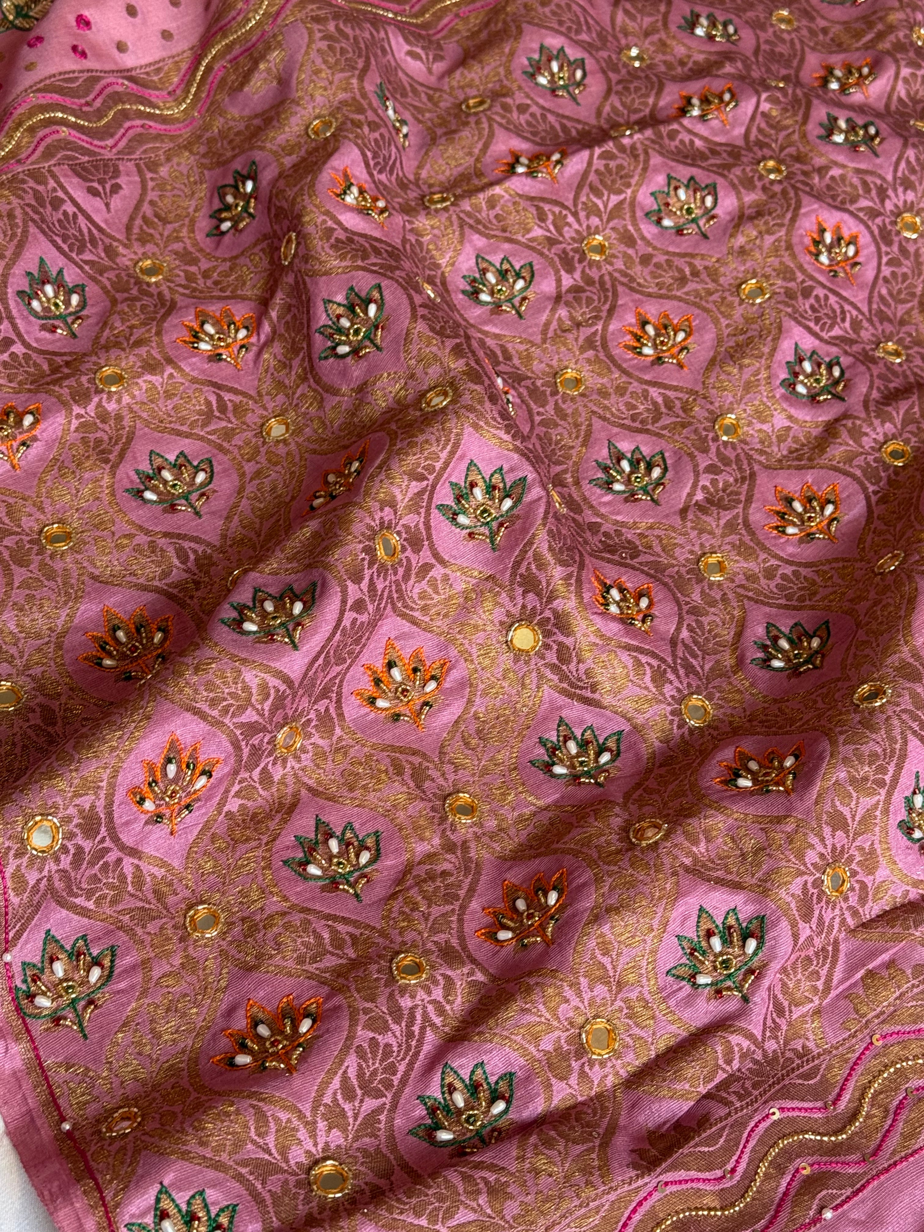 Strawberry pink moonga tussar antique zari hand embroidered kadhwa saree