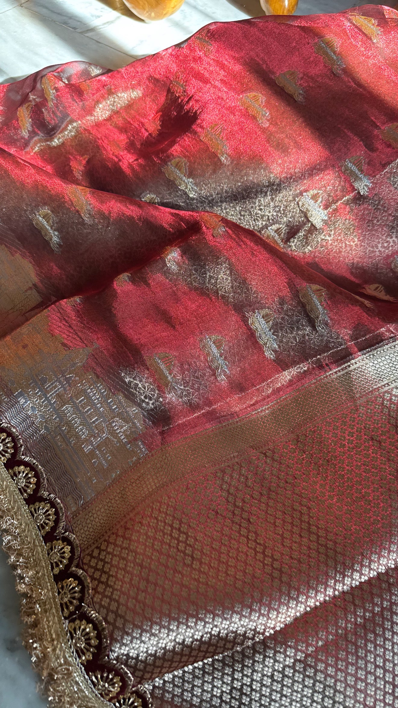 Teej special- Midnight blood red kadhwa buti maharani tissue silk saree