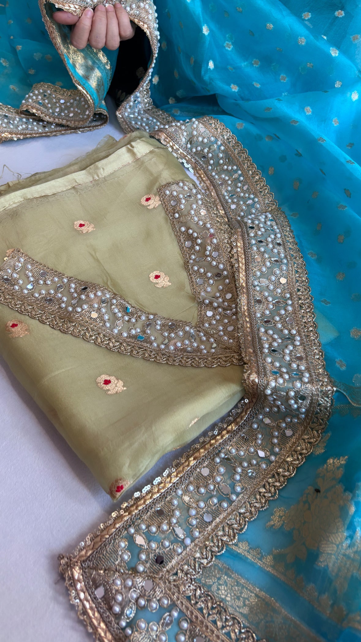 Banarasi kora silk lime yellow-firozi blue gotapatti combination suit sets