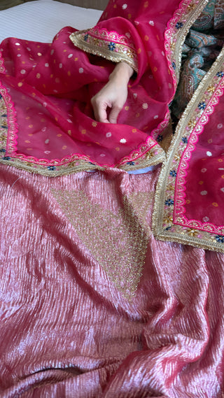 Hot pink diamond crushed tissue silk hand embroidered suit set