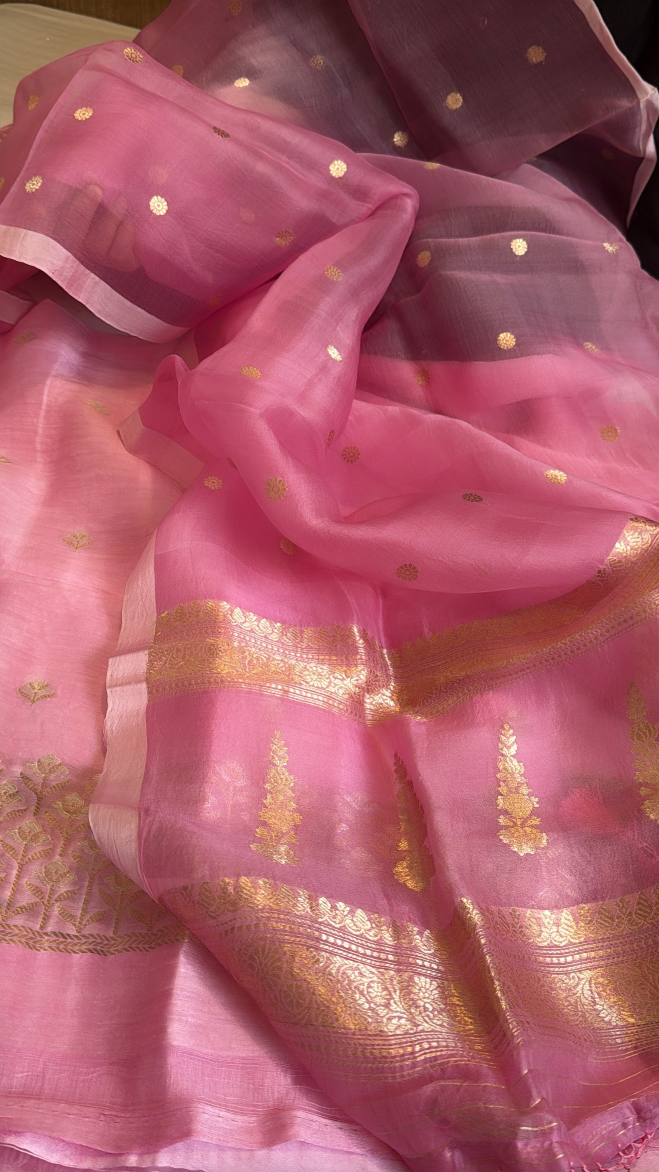 Blush pink linen gorgette heavy daman work kadhwa suit set with kora duppata