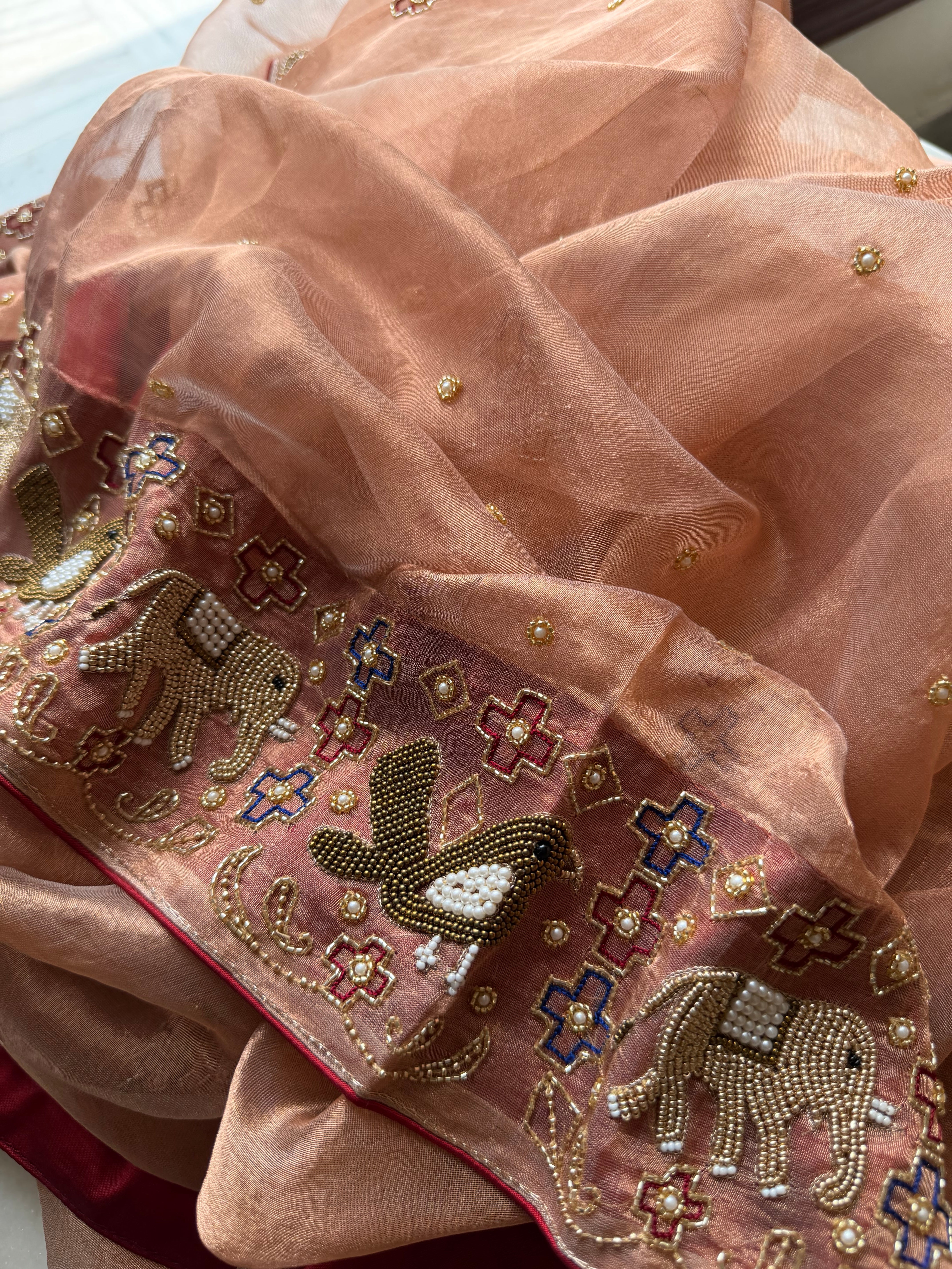 Hathi & chiriya wali border copper tissue silk hand embroidered saree