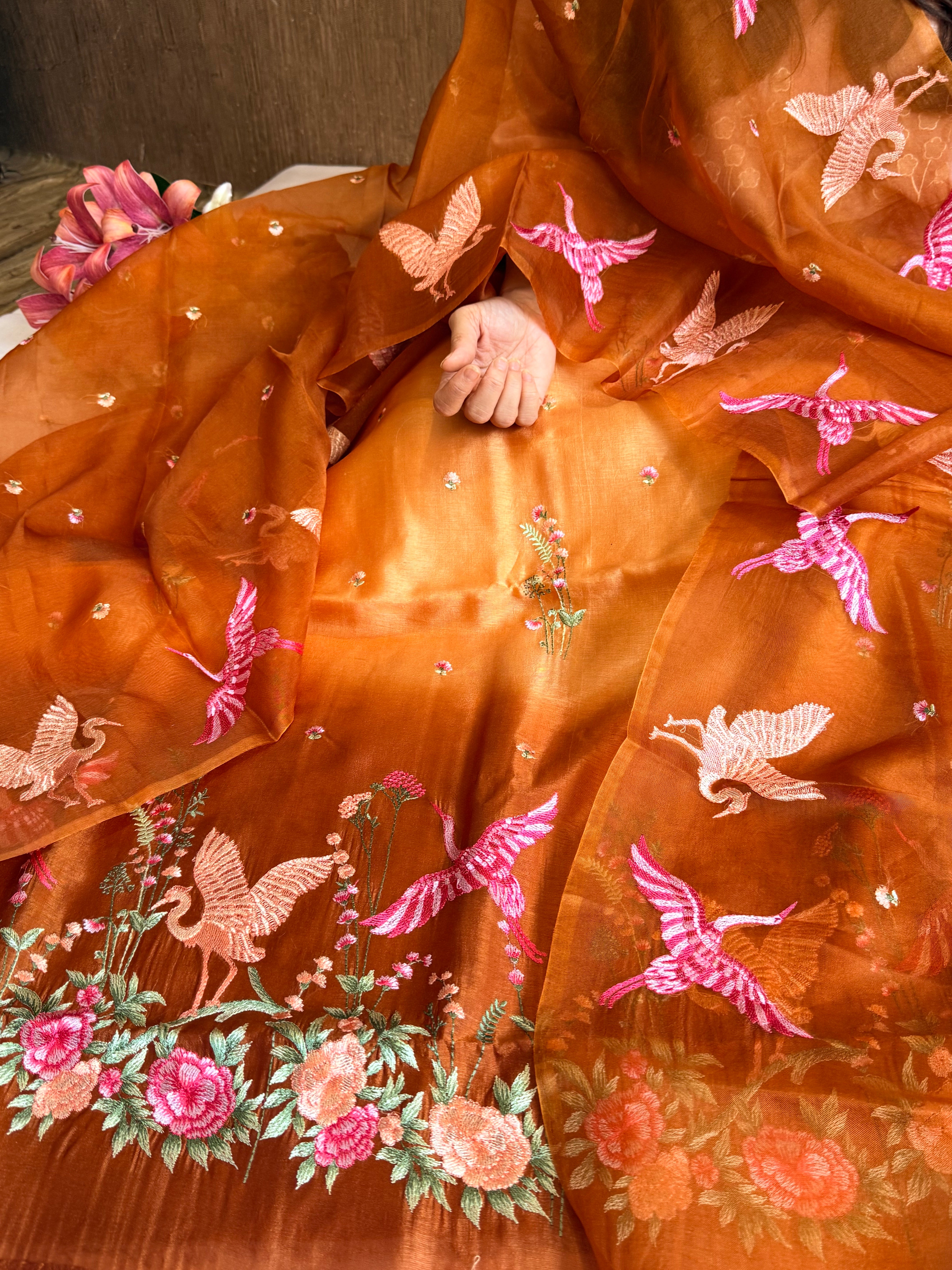 Mango silk flamingo motif hand embroidery suit set
