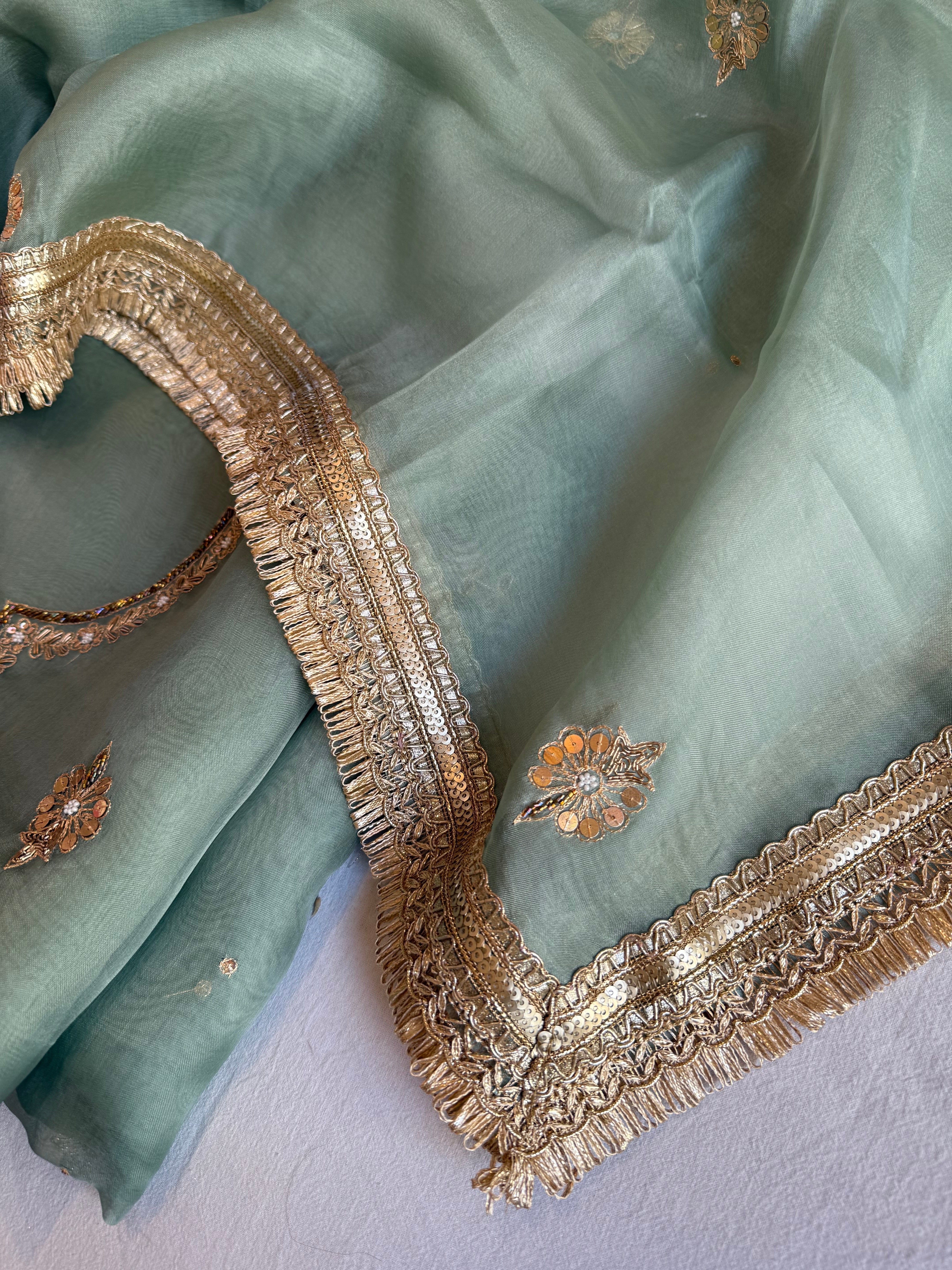 Aari and tilli hand embroidered kora silk teal green kadhwa suit set