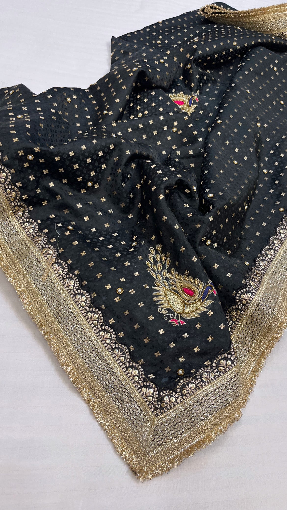 Husn black mashru silk tanchoi hand embroidered saree