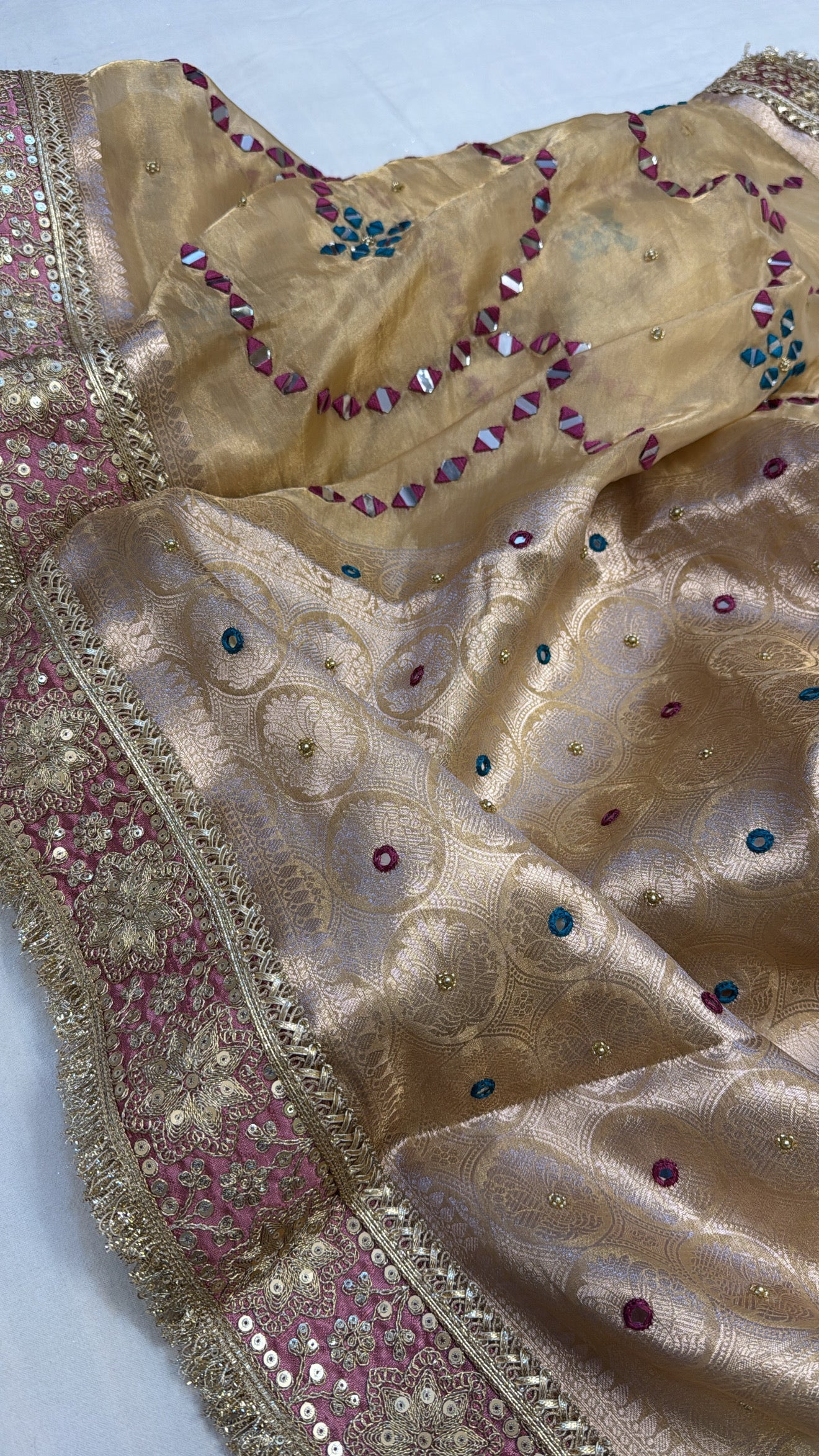 Golden kutchi mirror work hand embroidered husn tissue silk saree