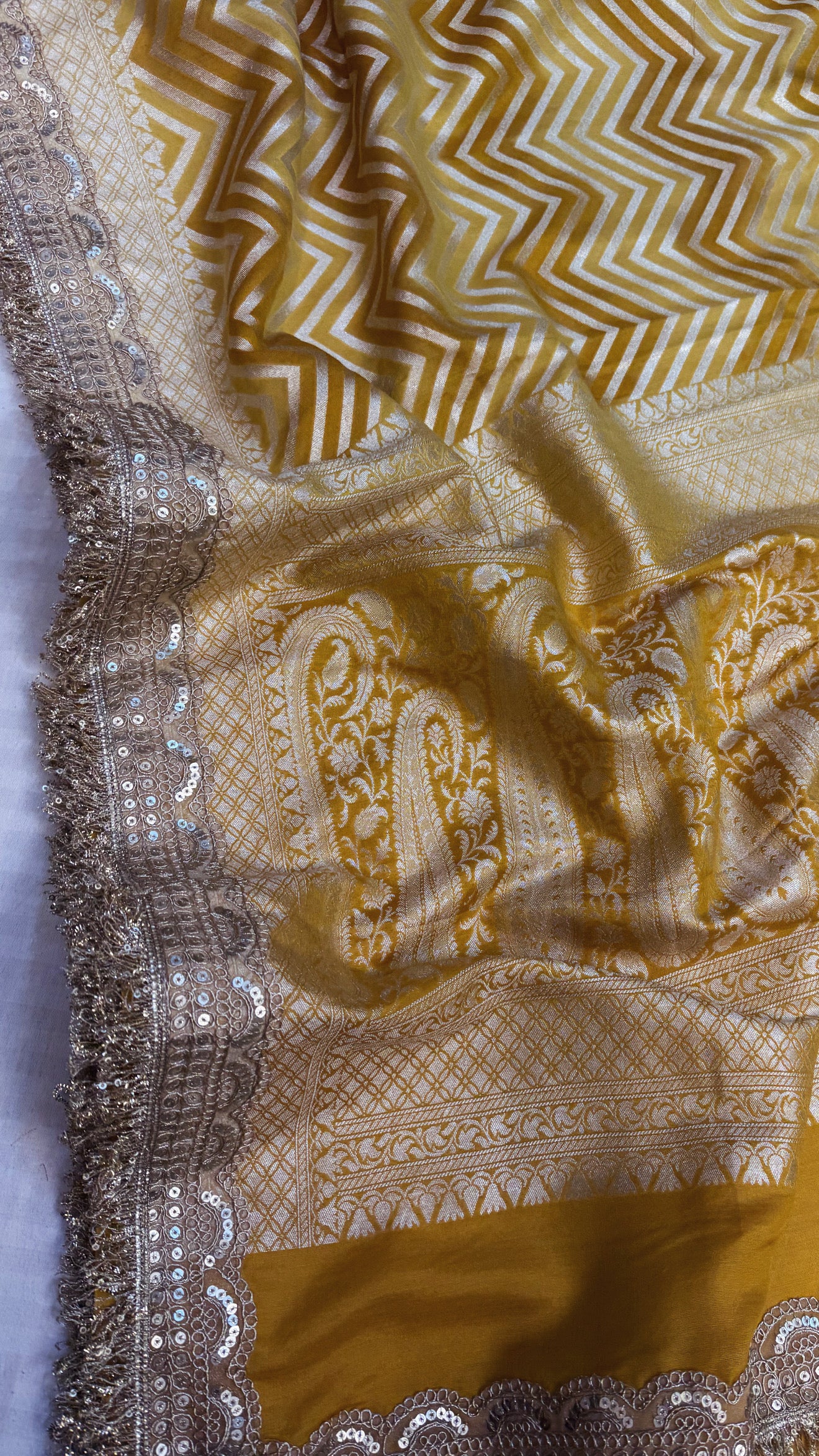 Rangkaat dye mango yellow moonga silk silver zari chevron weaving kadhwa saree