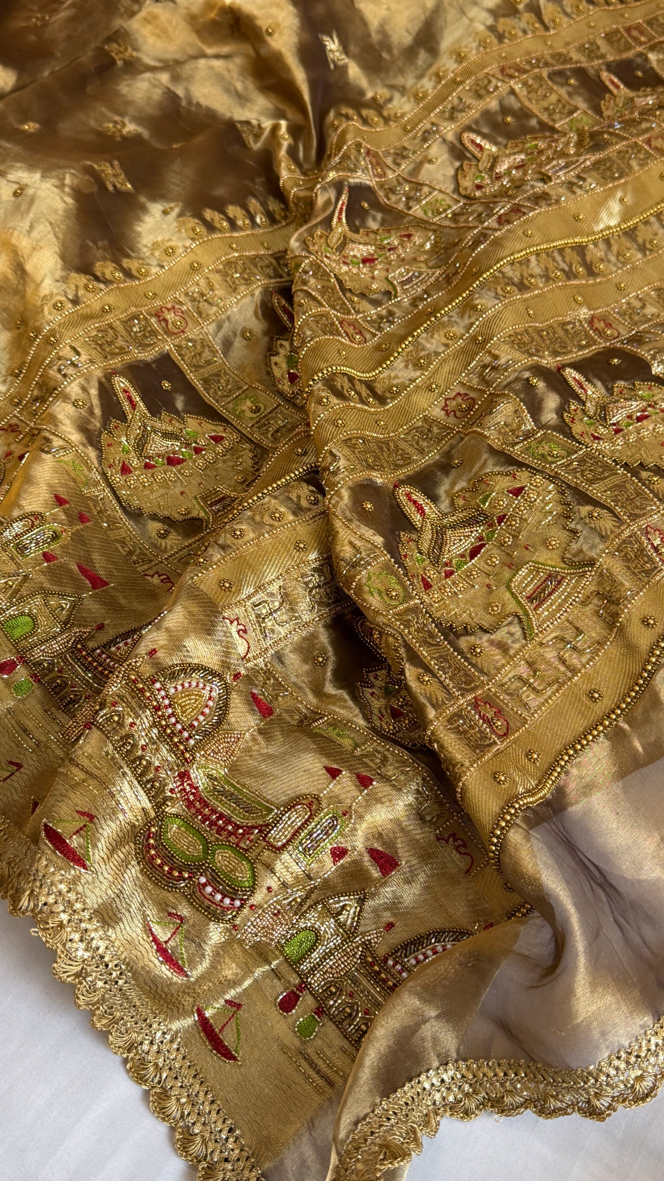 Gangaghat edit saree - Molten antique gold tissue silk meenakari hand embroidered kadhwa saree