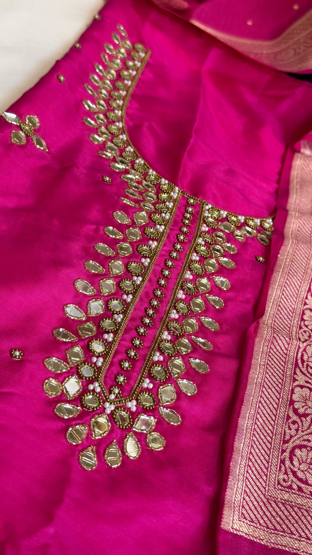 Sheesham rani pink mirror work katan silk kadhwa suit set