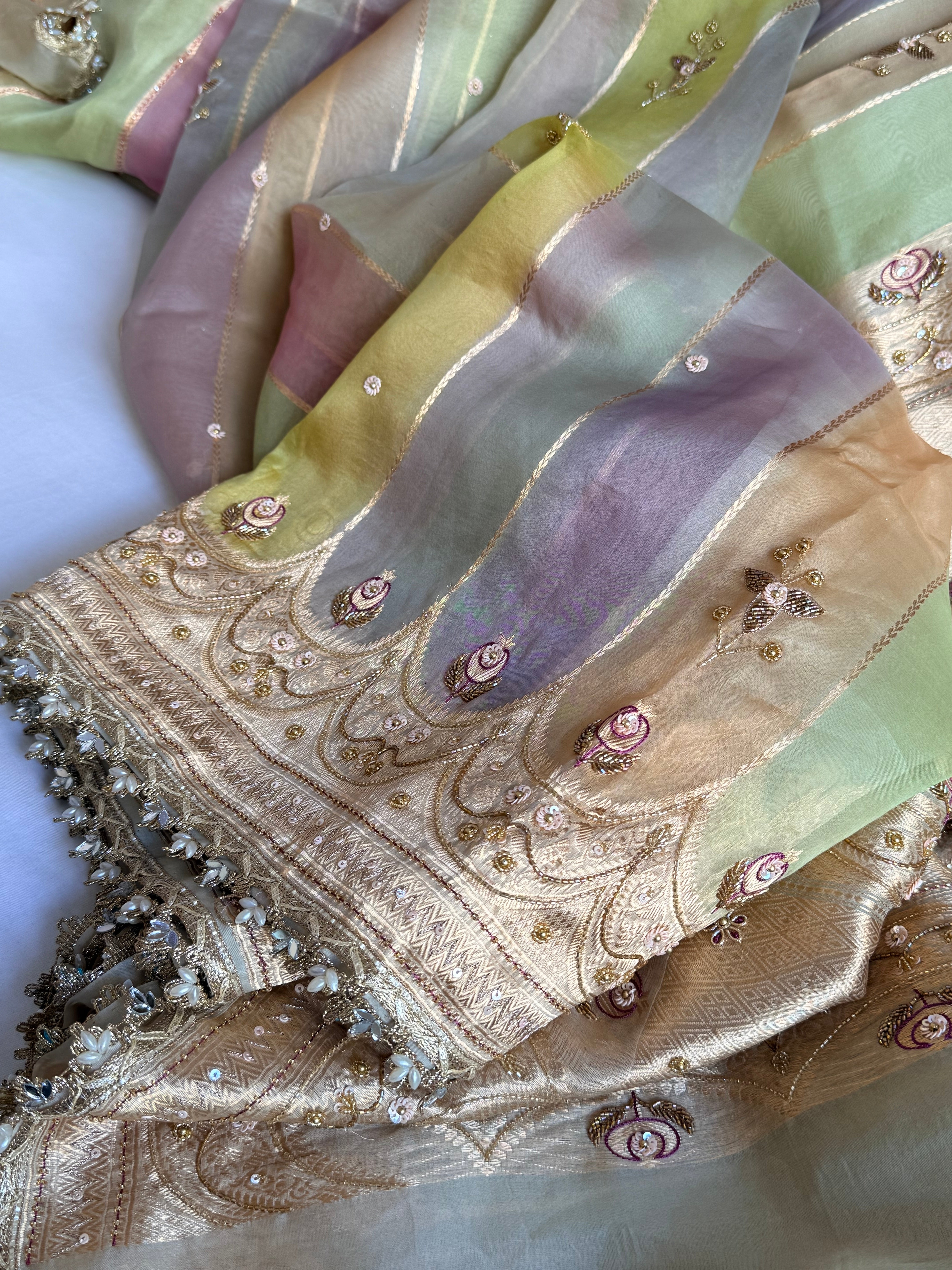 Rang birangi edit - striped kora silk hand embroidered rangkaat saree