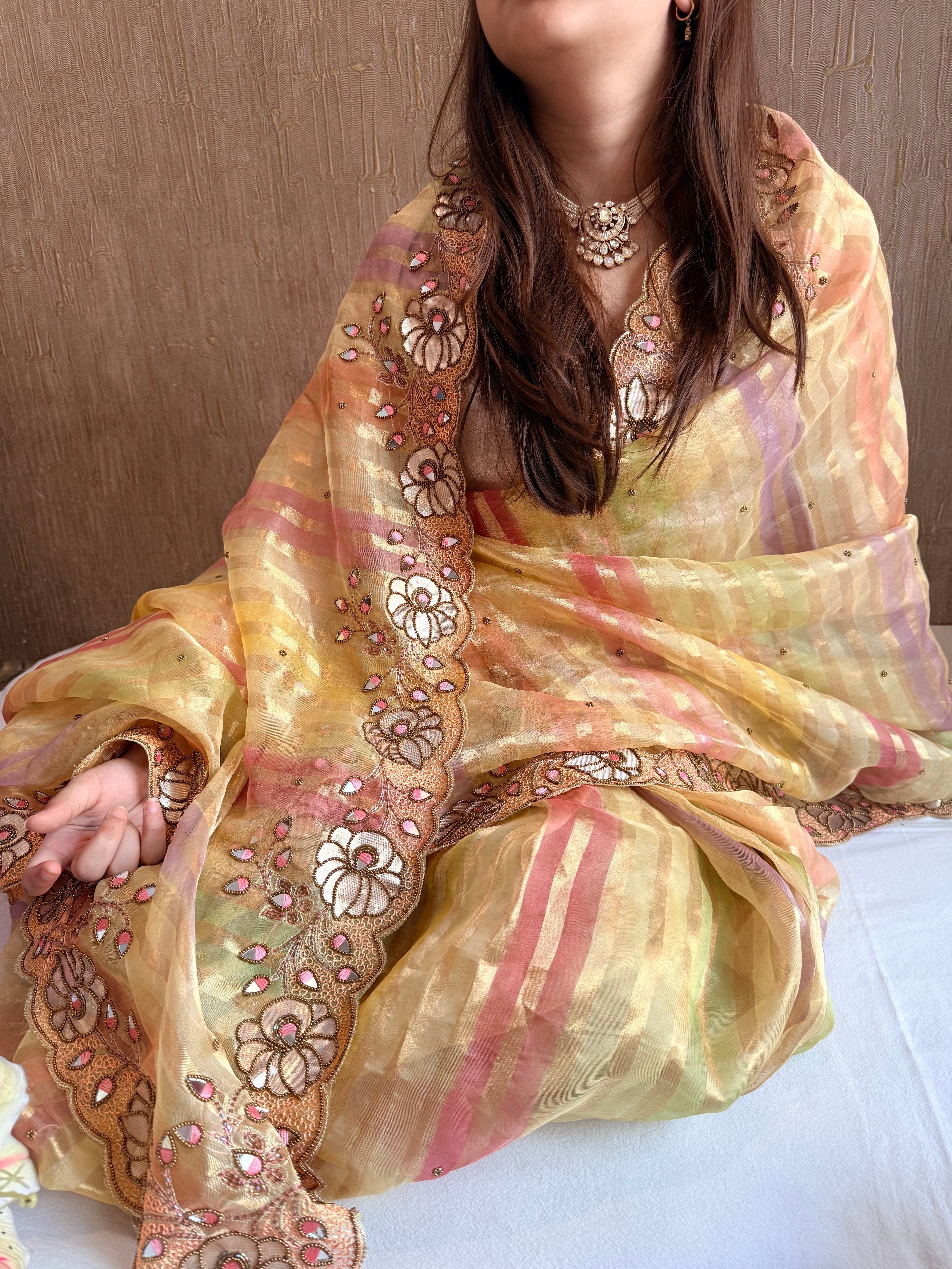 Phool wali rangeen tissue silk striped rangkaat hand embroidered saree
