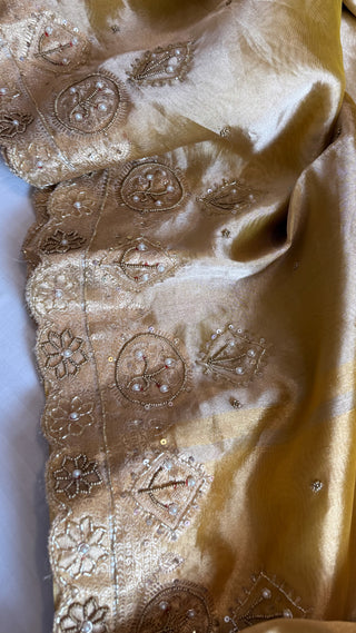 Husn soft golden tissue silk heavy zardozi hand embroidered saree