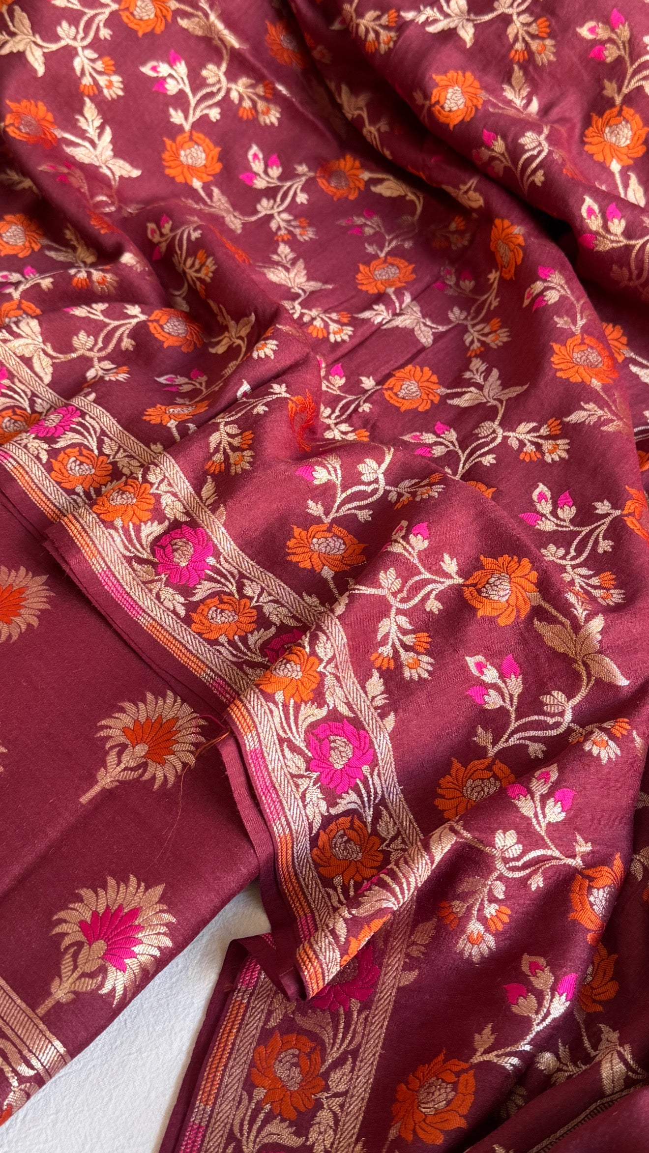 Moonga silk maroonish red meenakari kadhwa jaal suit set