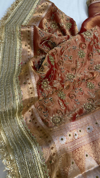 Cocktail edit sarees - Tangerine red tissue silk heavy hand embroidered saree
