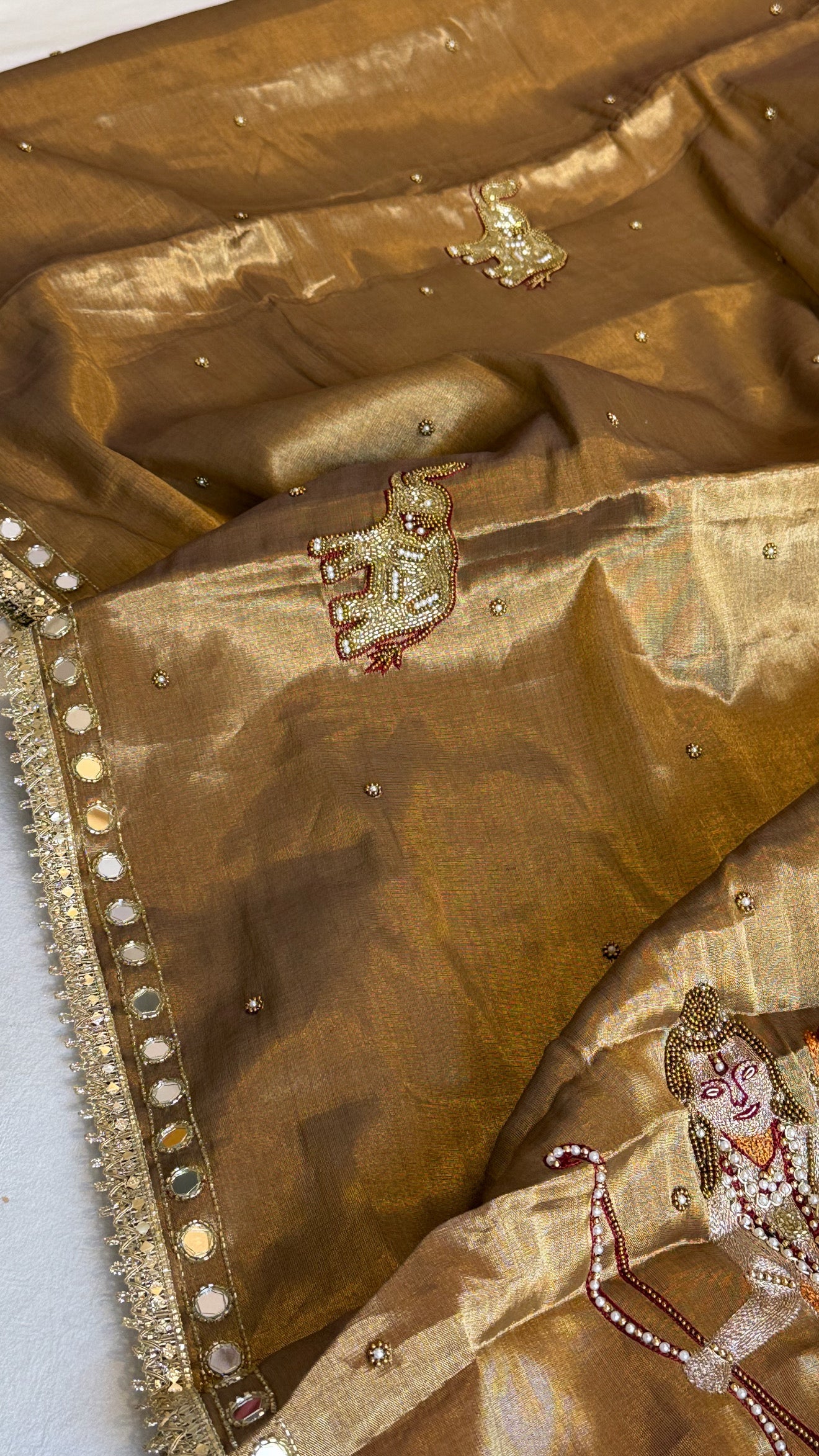 Satin tissue silk antique gold banarasi hand embroidered kadhwa saree