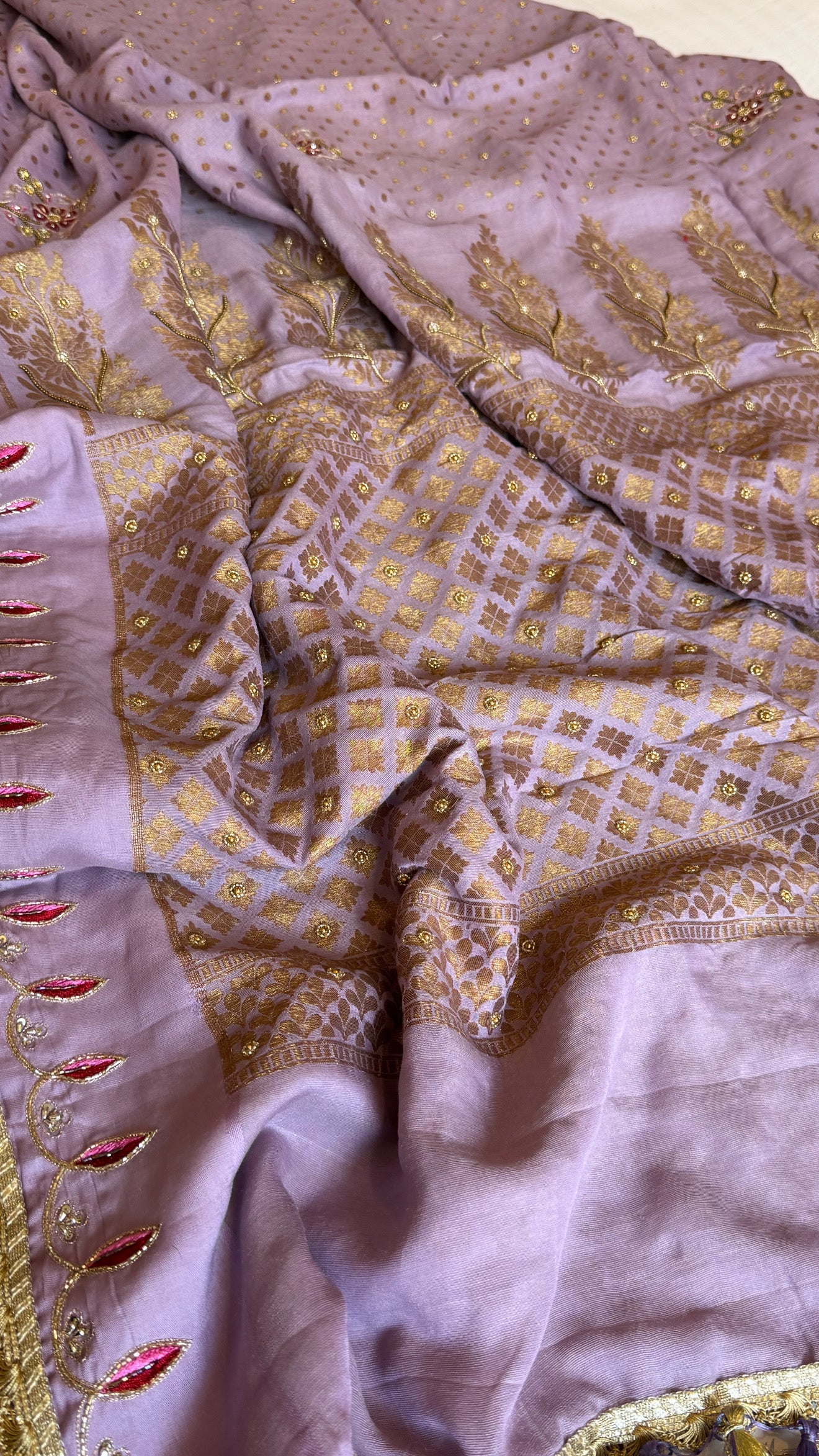 Dusty lilac moonga silk antique zari hand embroidered kadhwa saree