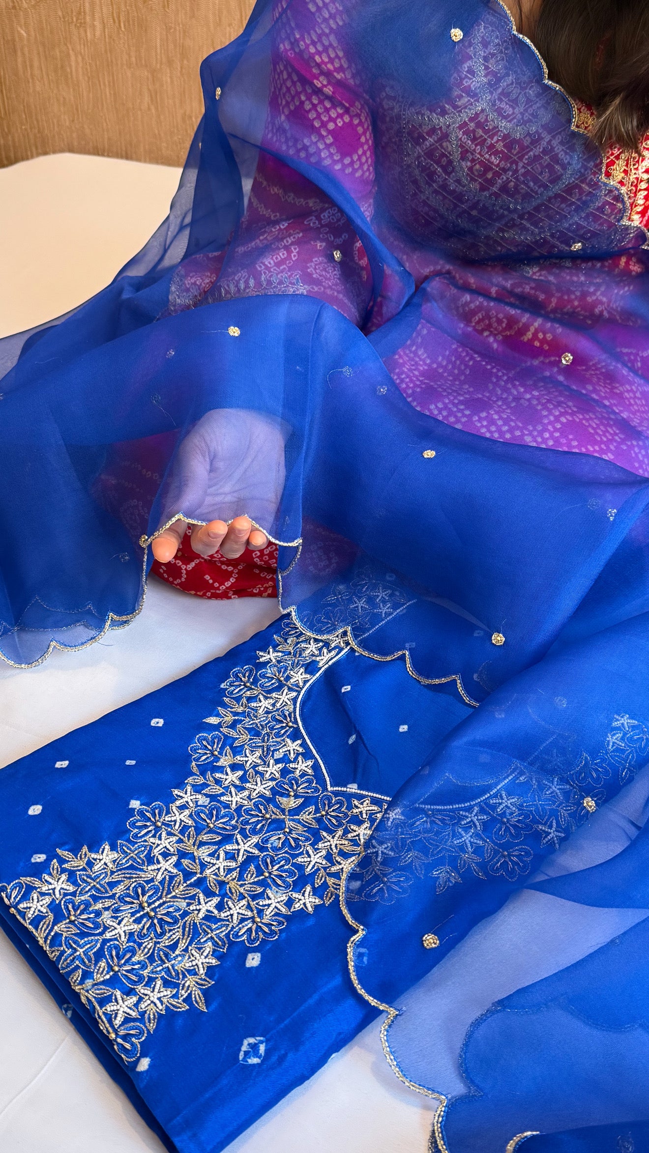 Electric blue raw mango bandhej hand embroidered kadhwa suit set