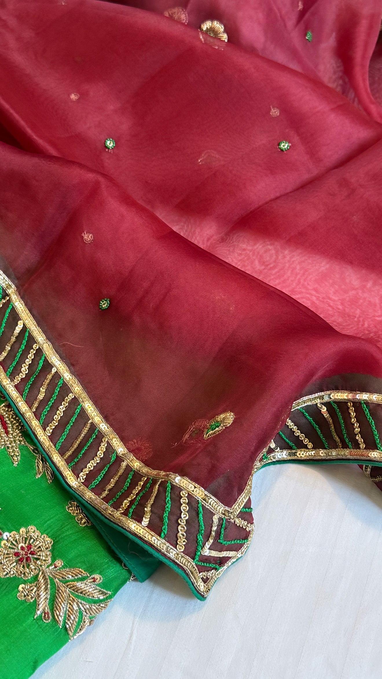 Parrot green - blood red shade katan silk hand embroidered kurta paired witj kora silk zardozi duppata