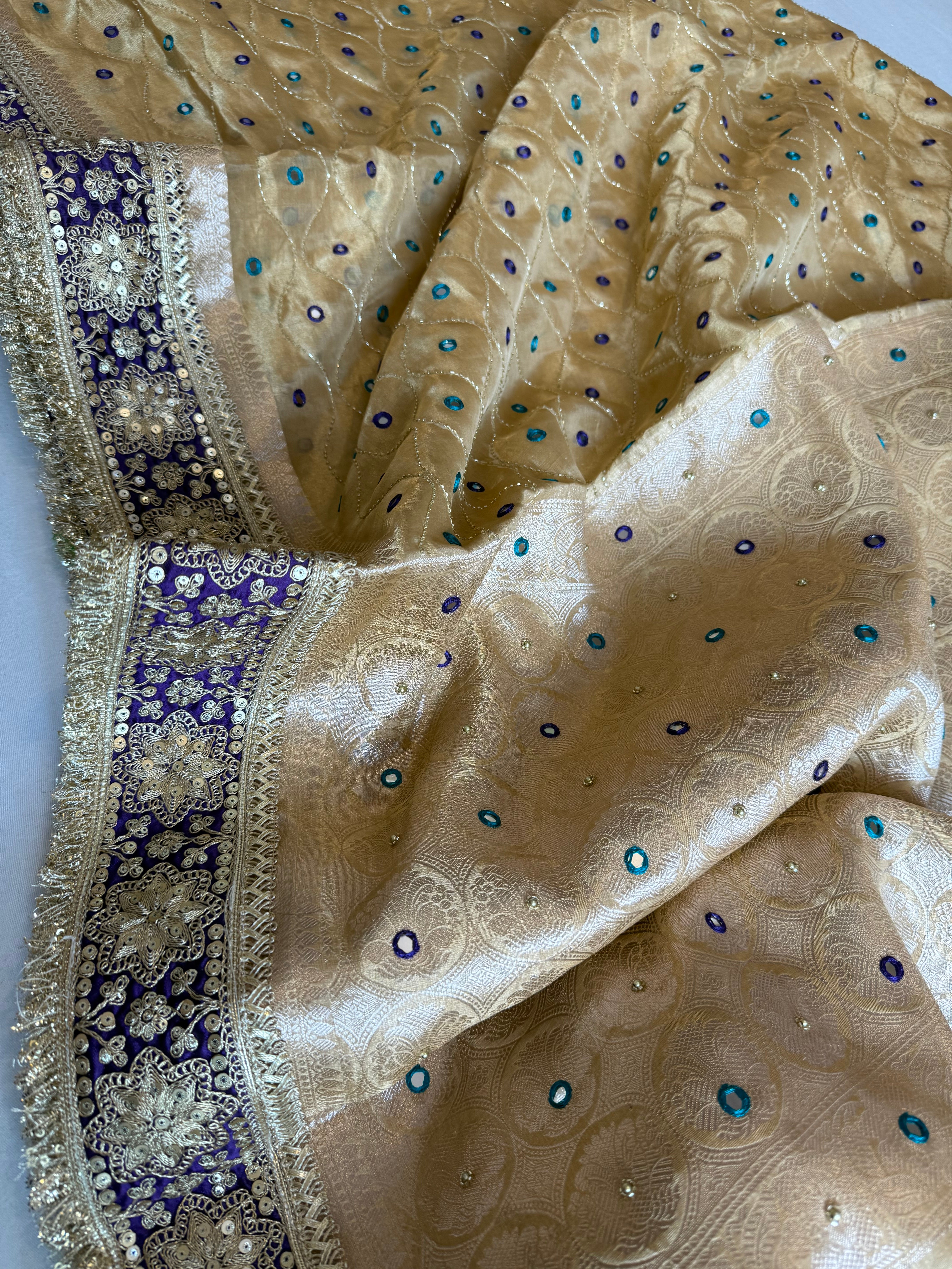 Sheesham edit - Heavy double tissue silk mirror work hand embroidered saree