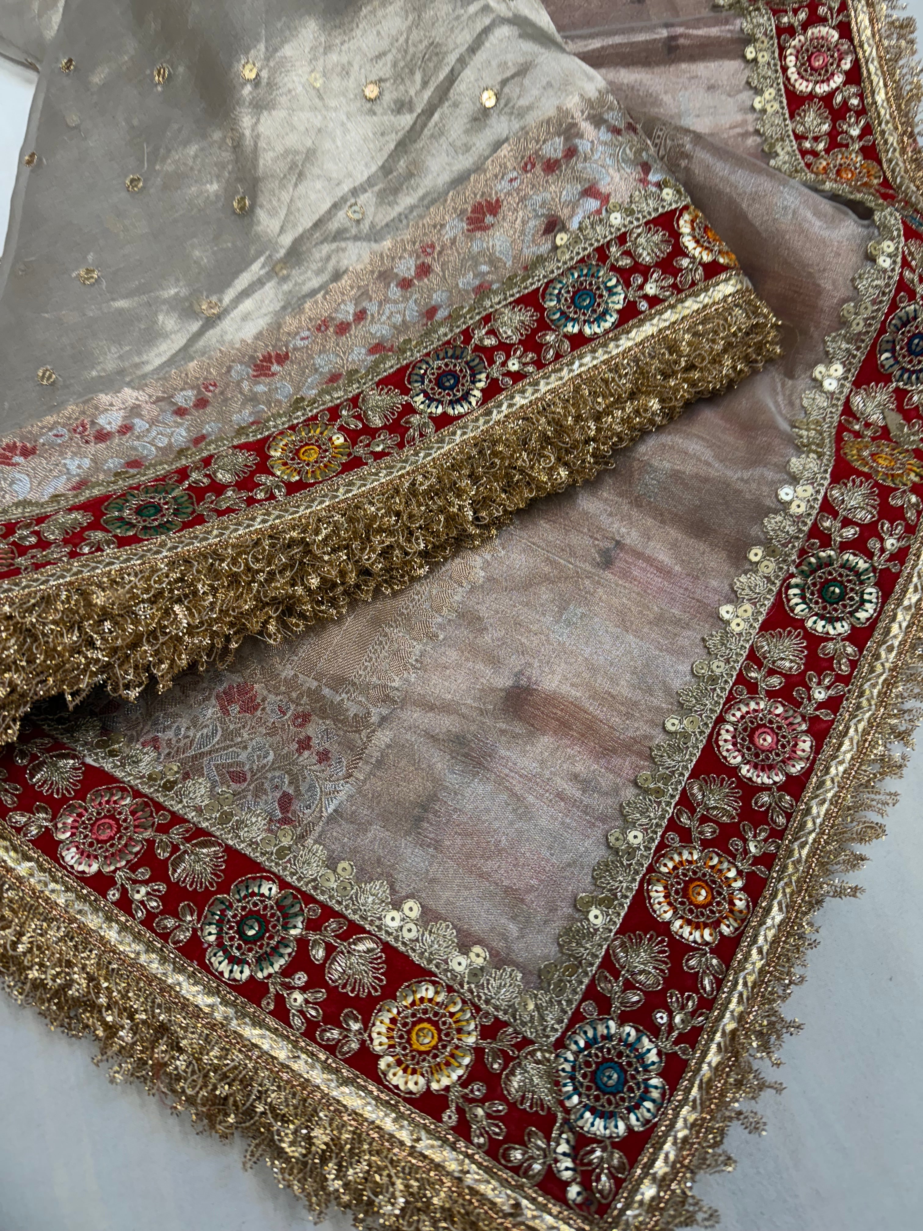 Diamond tissue silk chunri buti hand embroidered panetar saree