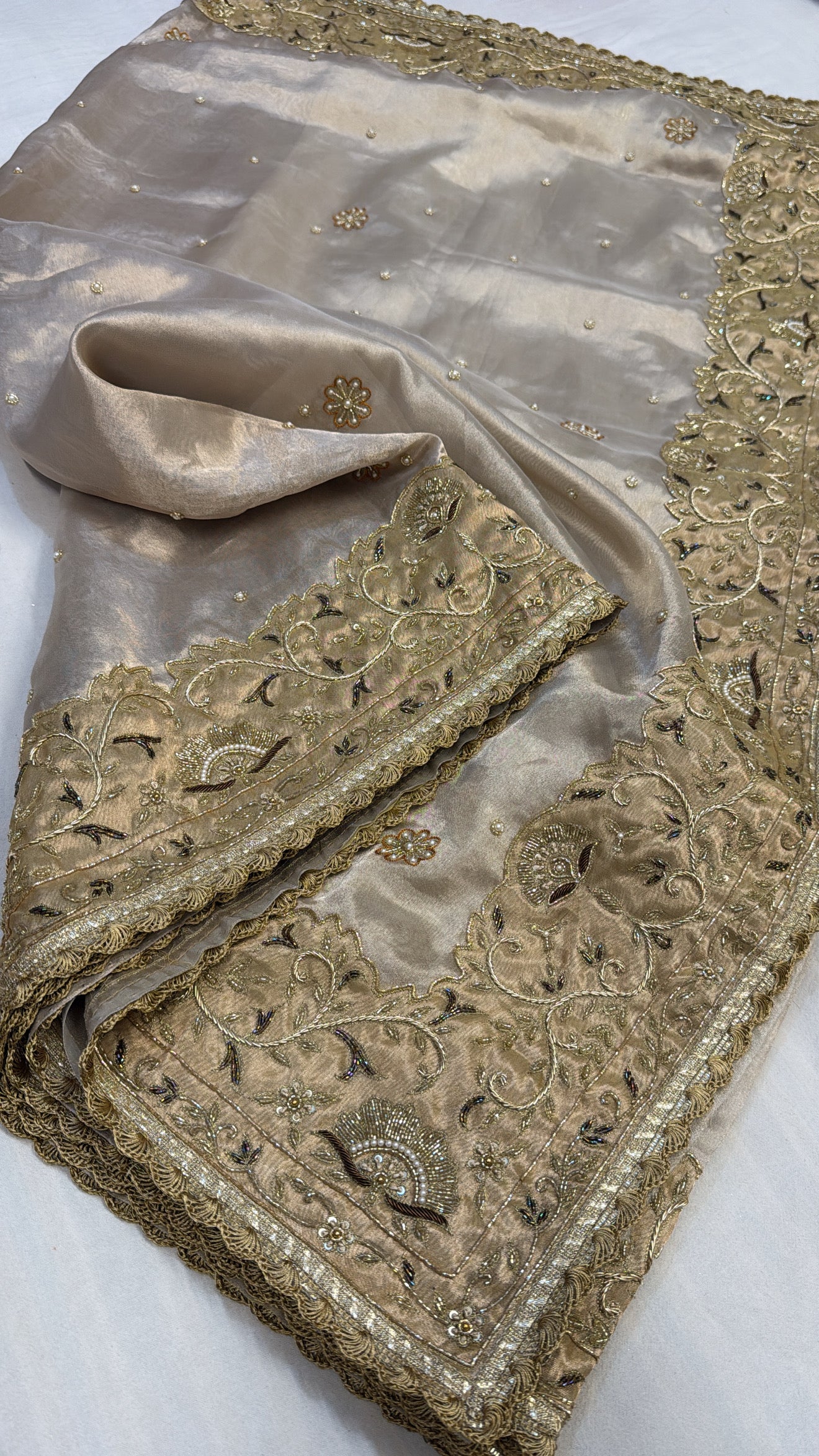 Golden heavy zardozi border diamond tissue silk hand embroidered saree