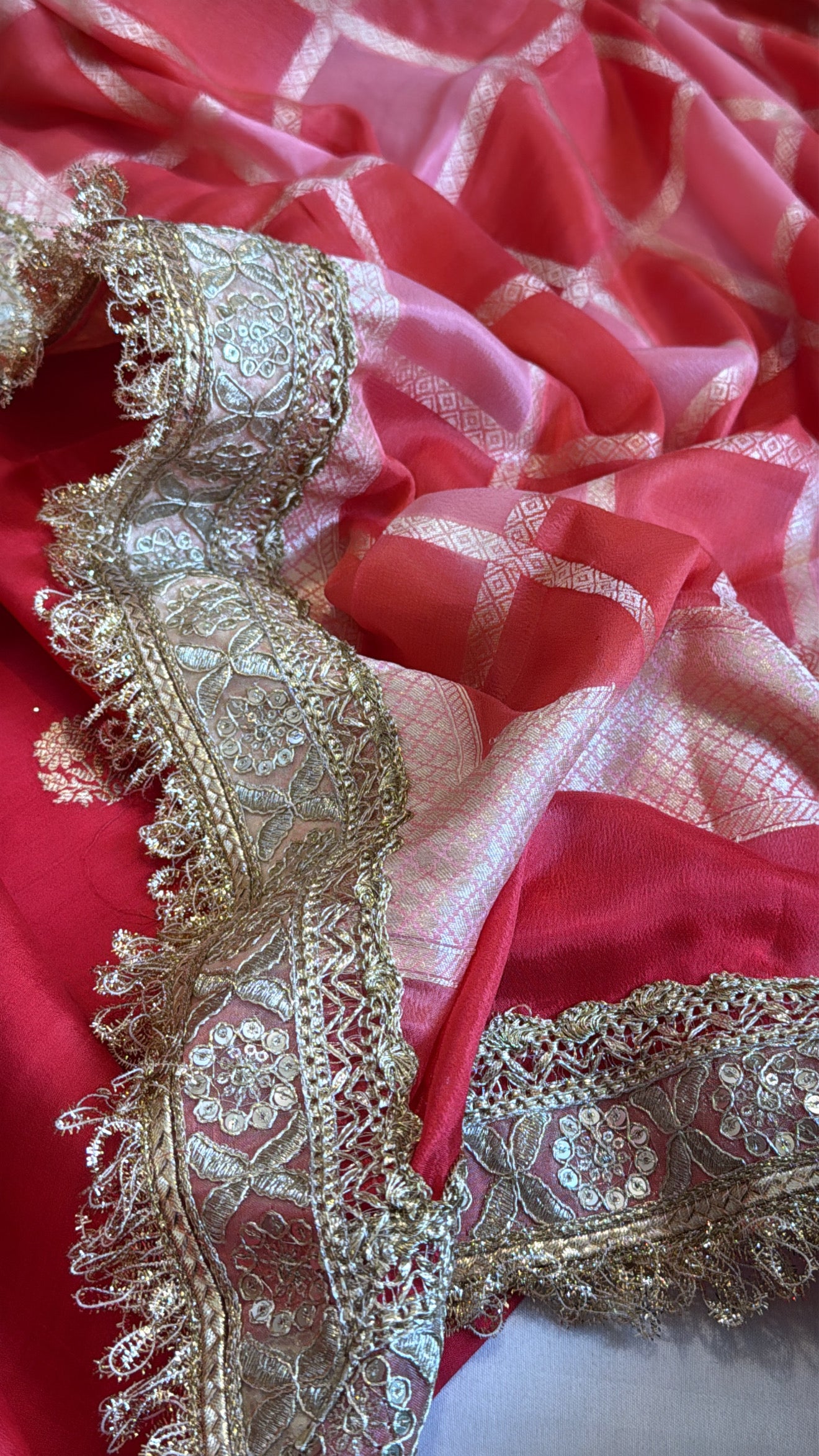 Tomato red moonga silk rangkaat dye chaukadi weaving silk suit set