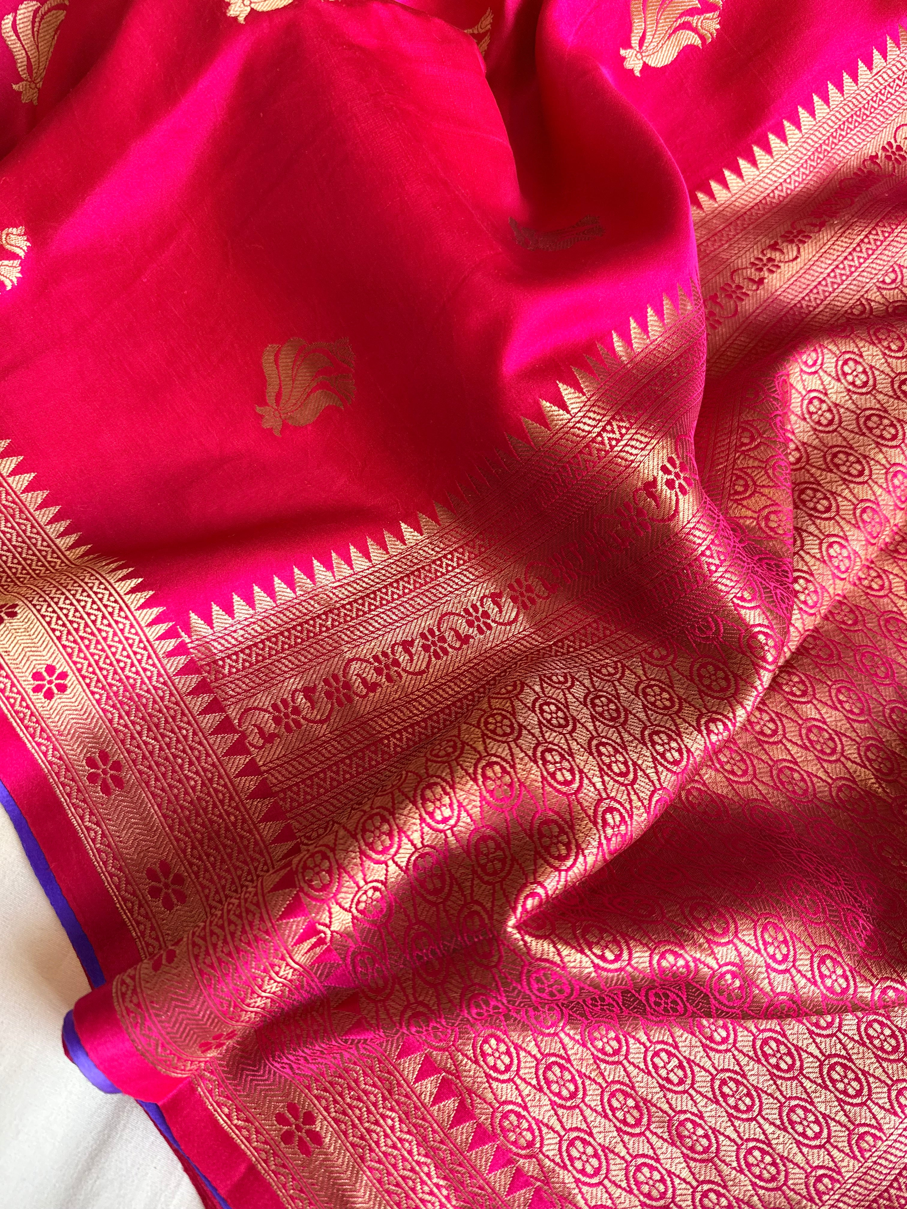 Hot pink banarasi mashru silk kadhwa buti saree