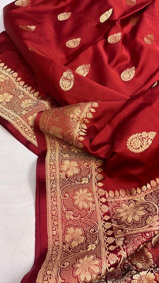 Maroon blood red banarasi mashru silk kadhwa buti saree