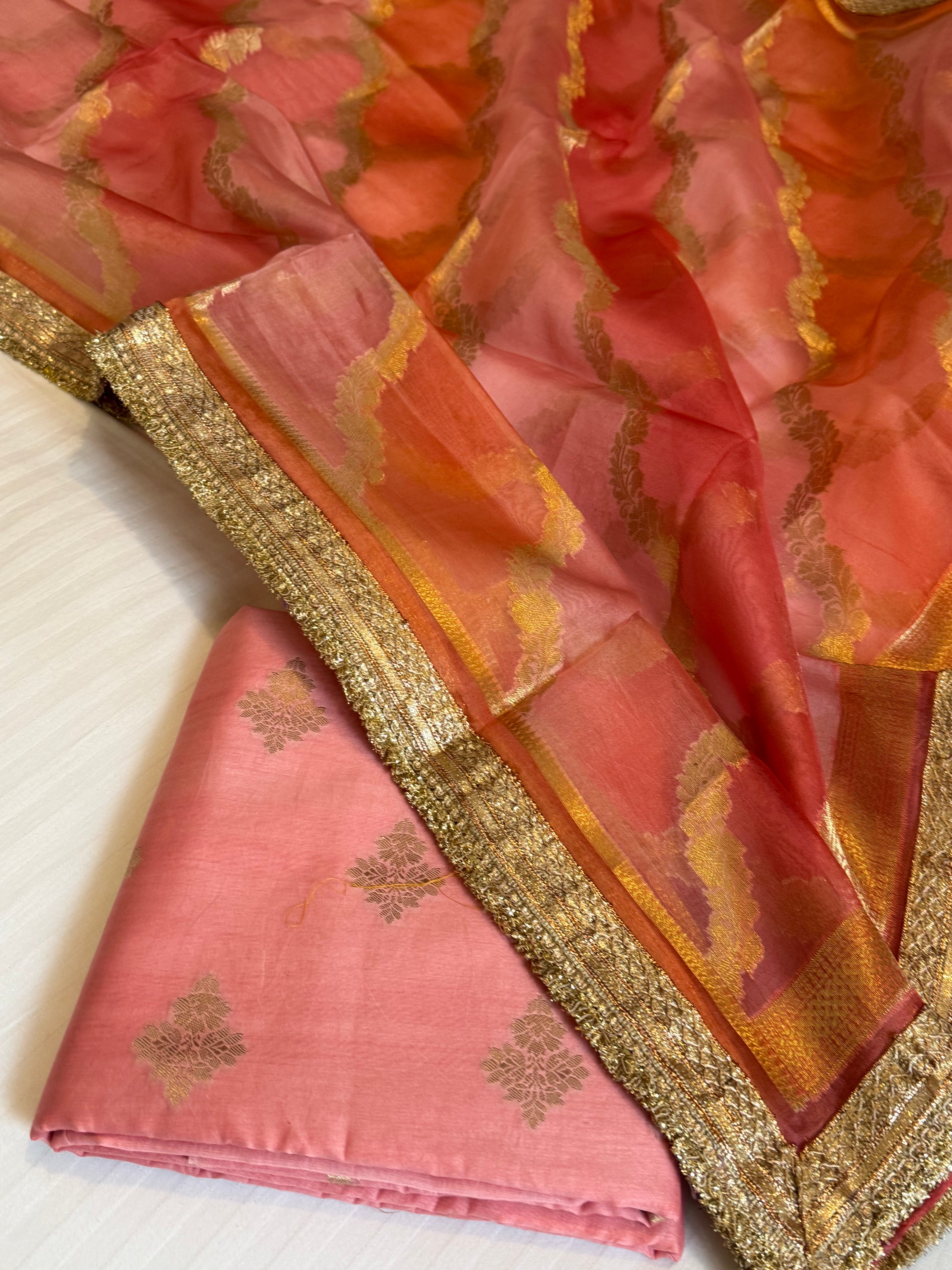 Shades of peach - Kora silk rangkaat kadhwa duppata paired with silk kurta
