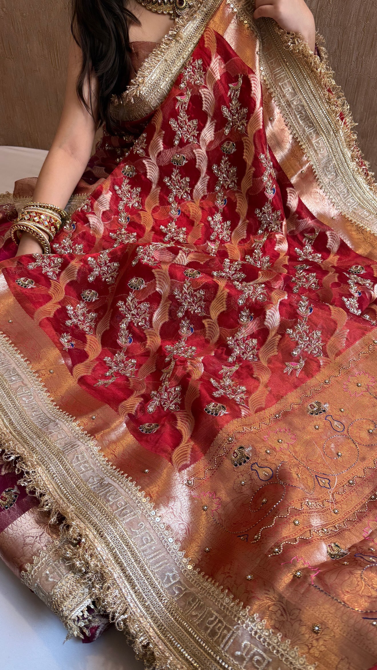 Nayi suhagan edit - Dhup chao blood red tissue silk zardozi and marodi work hand embroidered jaal work saree