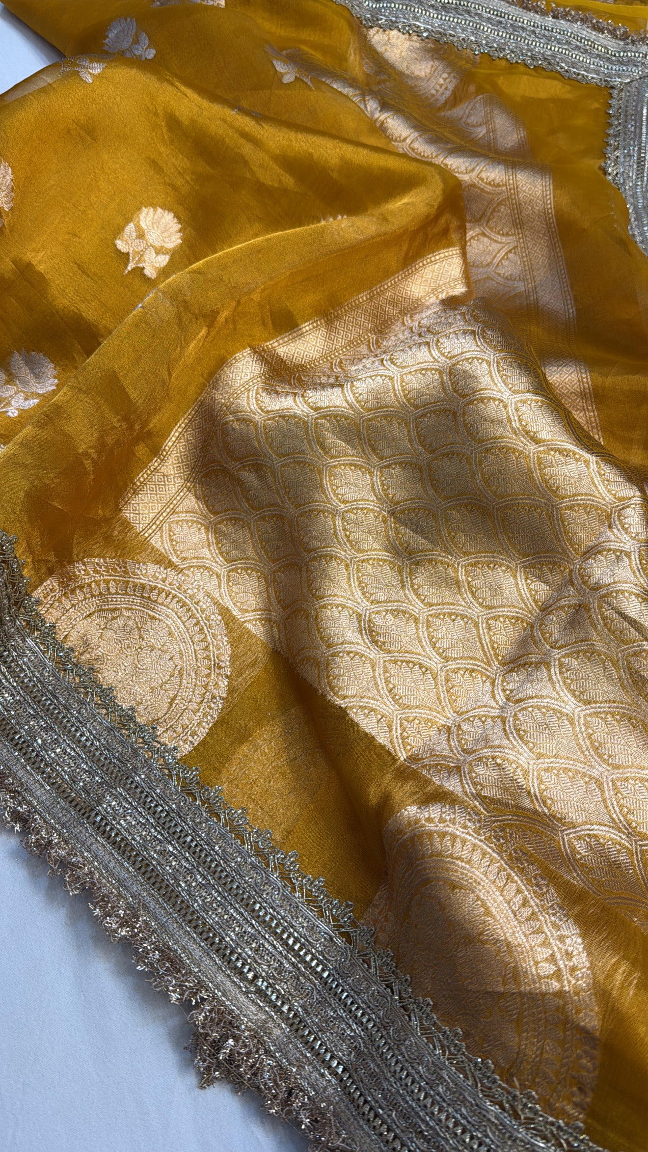 Maharani golden yellow tissue silk kadhwa buti gotapatti saree