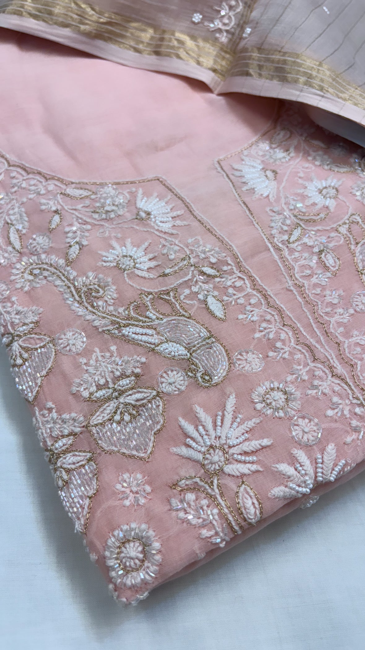 Pure Banarasi handloom premium cotton kadhwa lucknowi chikankari hand embroidered suit set with intricately hand embroidered motifs and ombre shaded duppata set