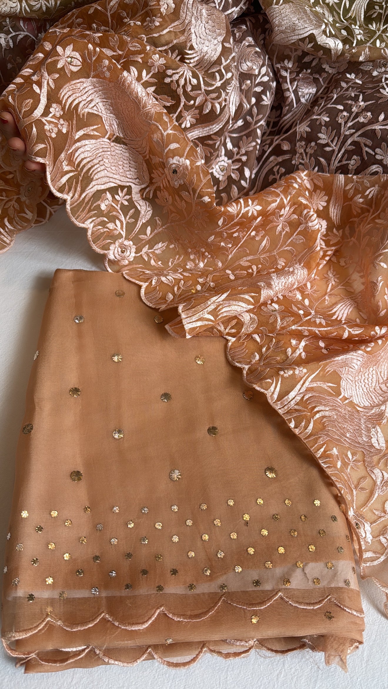 Shades of biscuit gold - Parsi gara kora silk resham and mukaish work hand embroidered suits