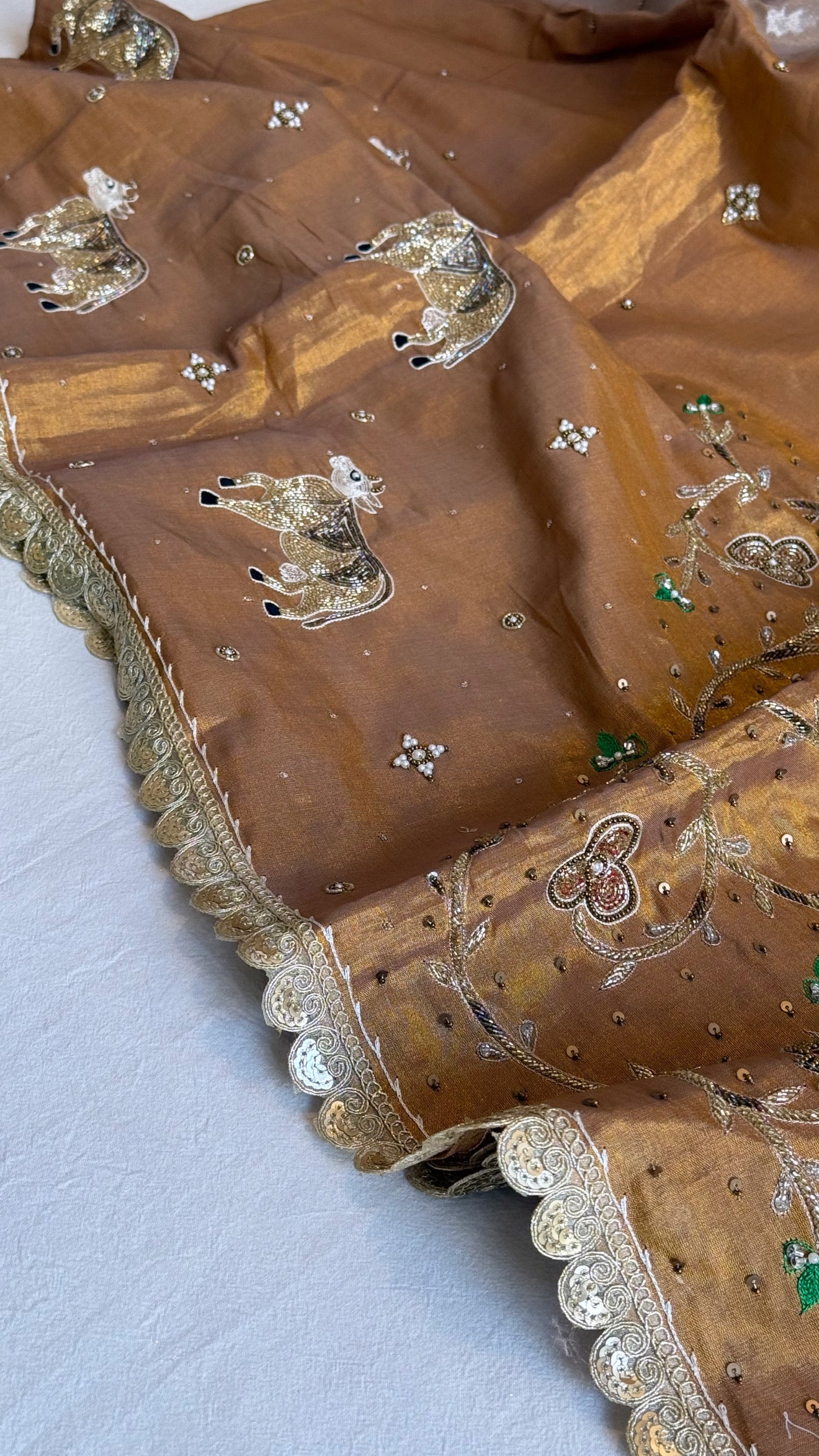 Satin tissue silk molten gold-silver hand embroidered banarasi saree