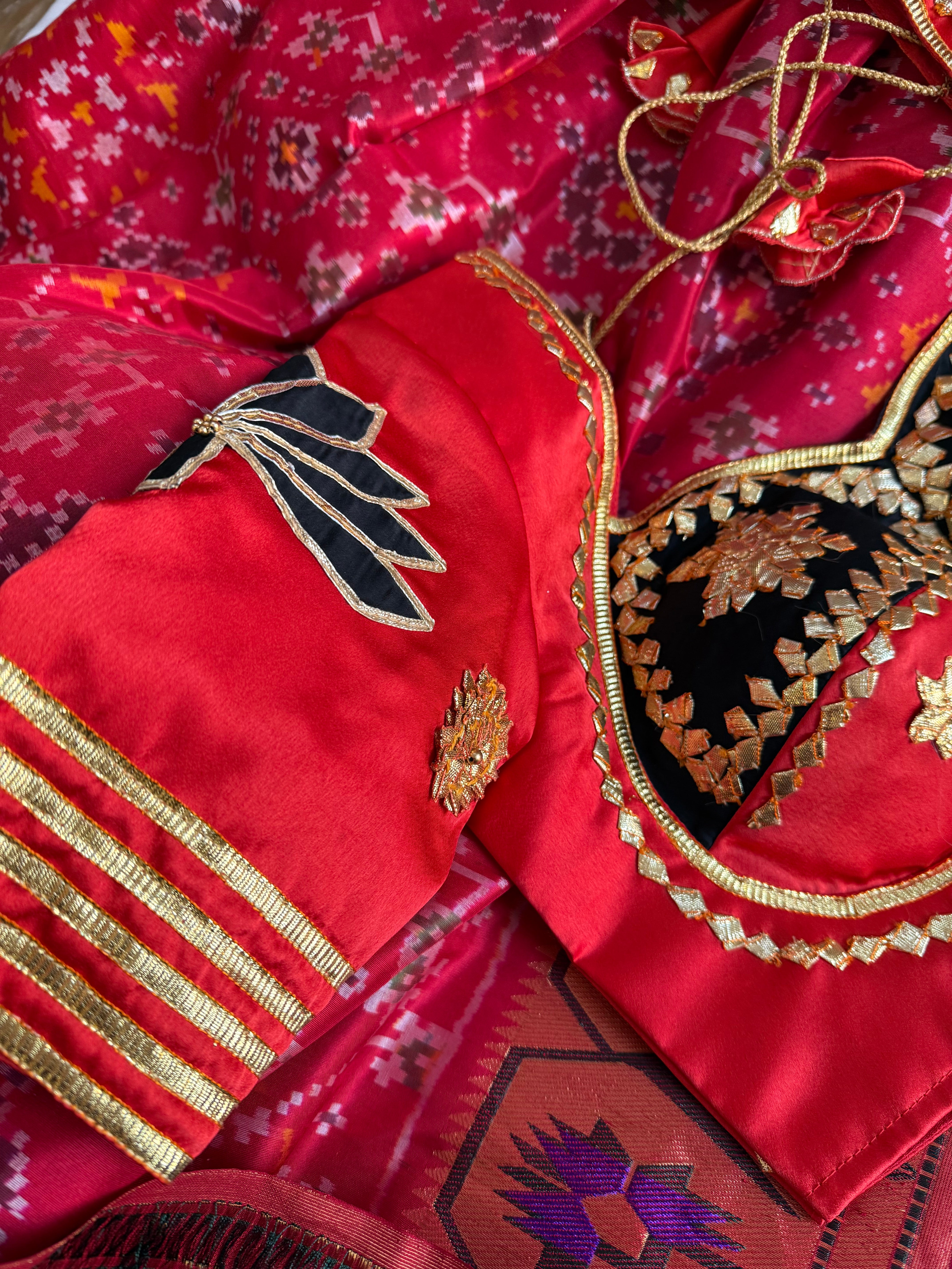 Aangi blouse - Red & Black mashru satin silk stitched free size aangi hand embroidered blouse